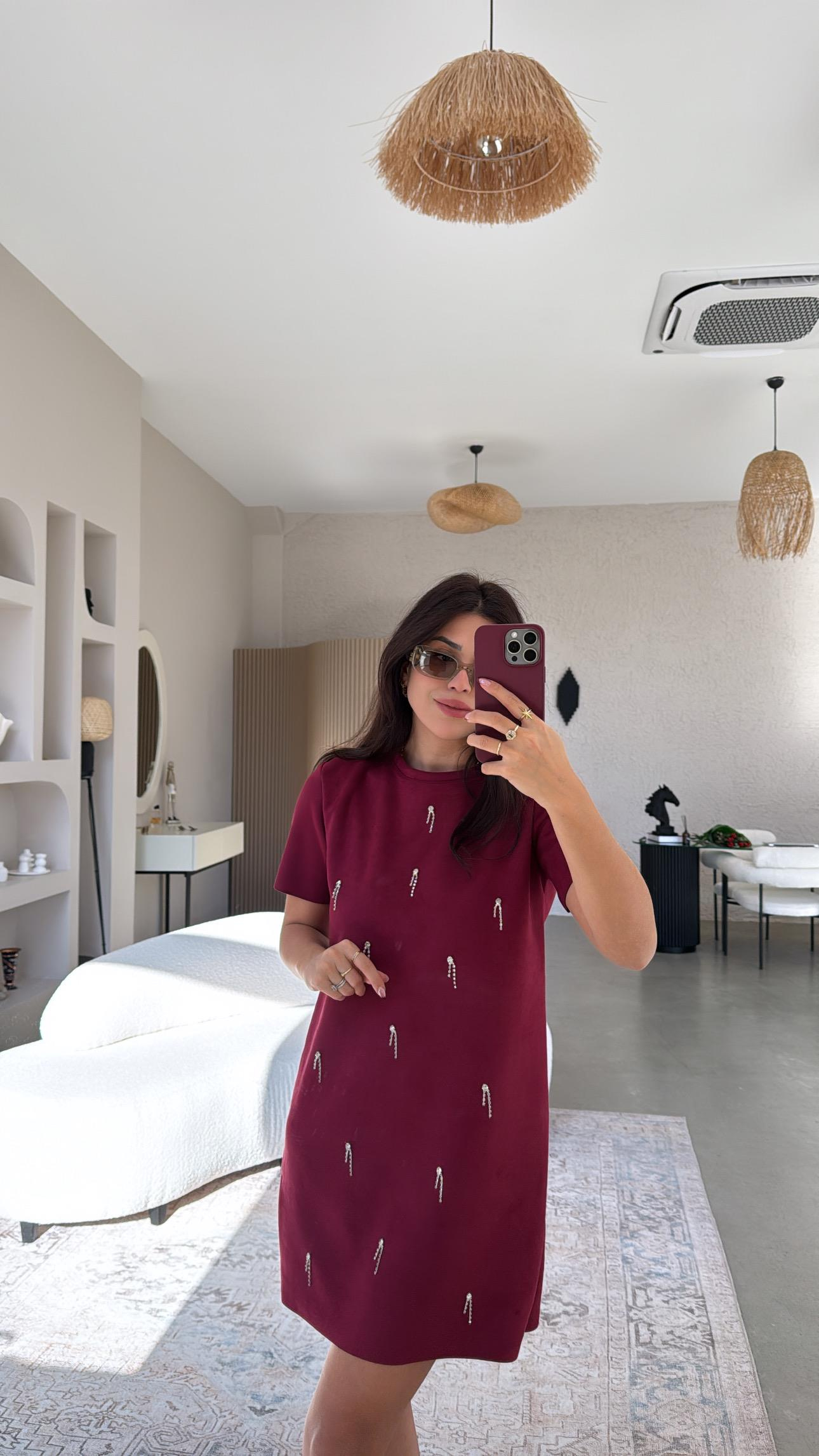 Bordo Çubuk Taş Sallantılı Elbise