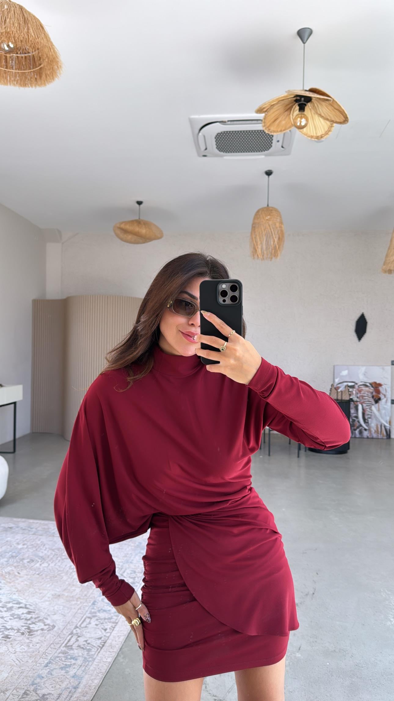 Bordo Dik Yaka Drapeli Modal Elbise
