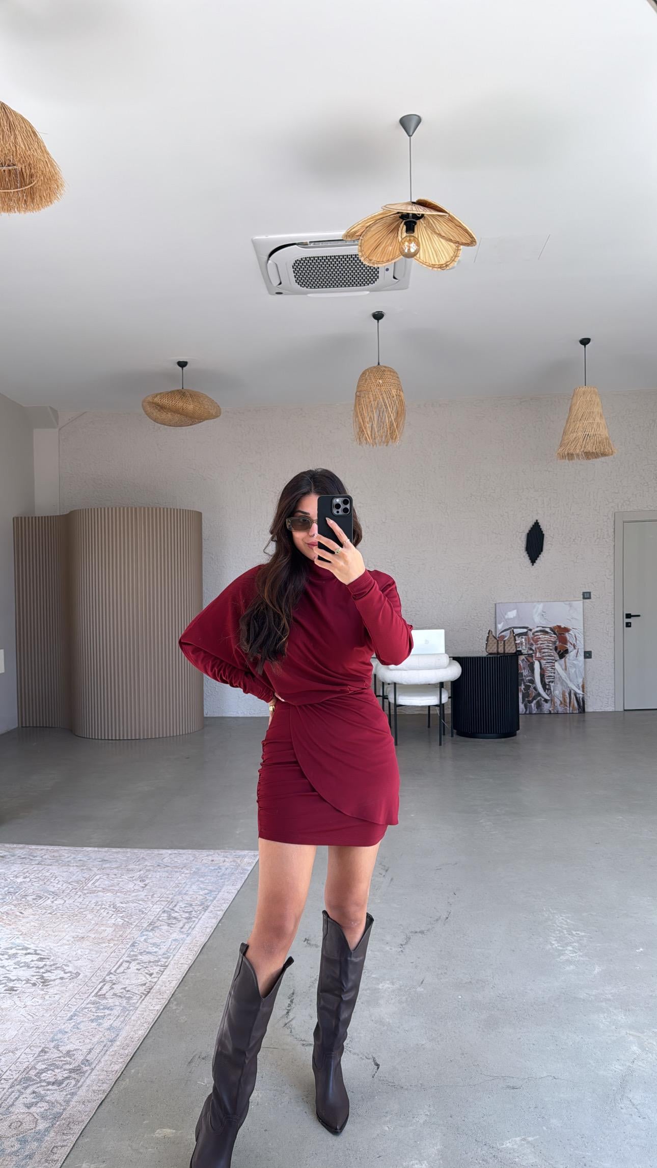 Bordo Dik Yaka Drapeli Modal Elbise