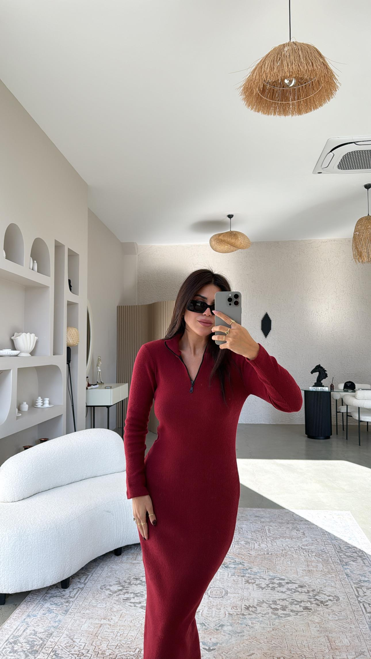Bordo Fermuarlı Triko Kalem Elbise