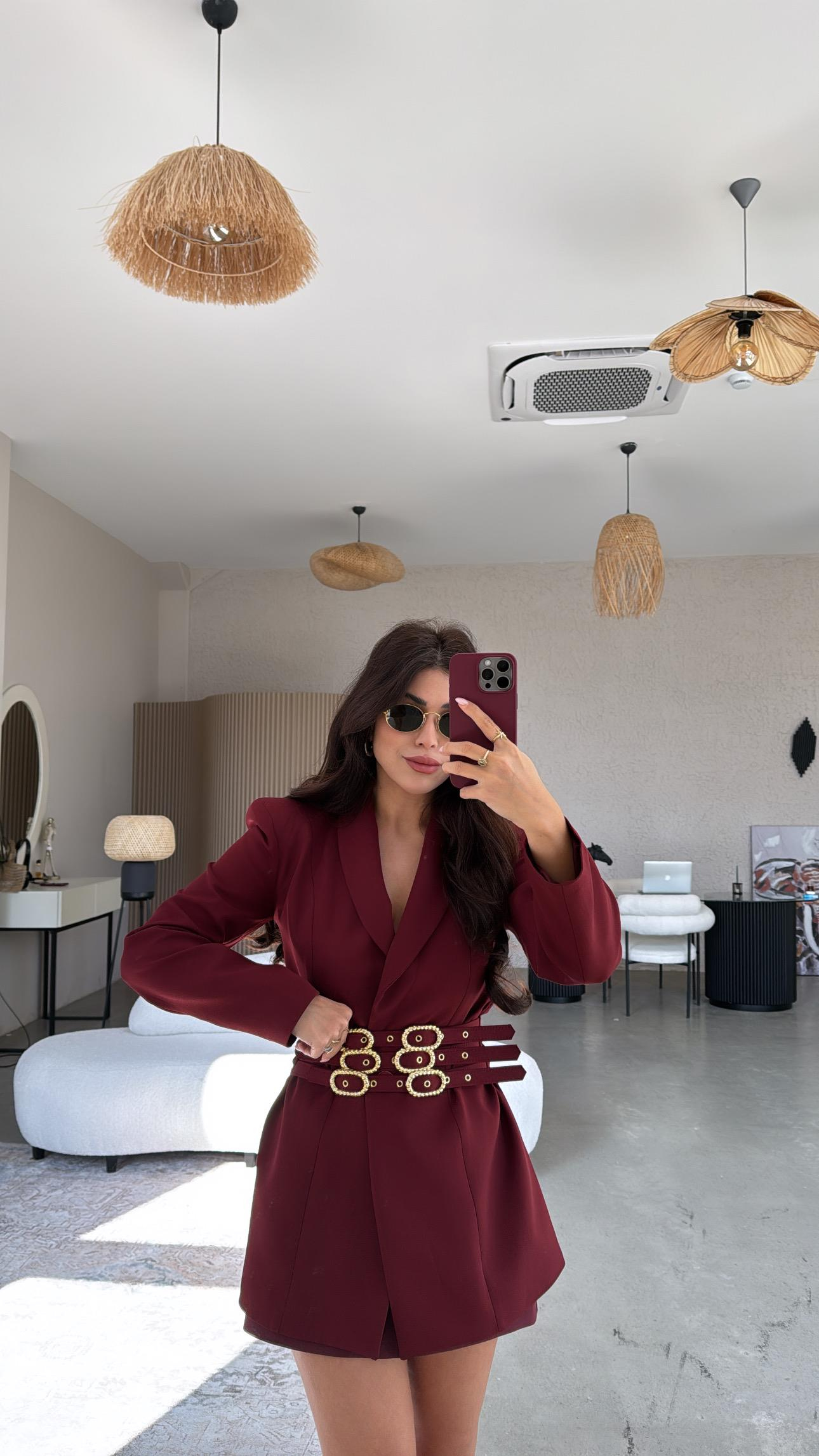 Bordo Gold Tokalı Premium Double Atlas Ceket