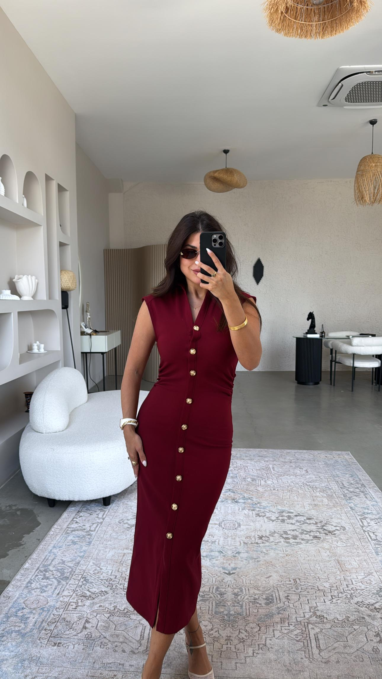 Bordo Gömlek Yakalı Gold Düğmeli Krep Elbise
