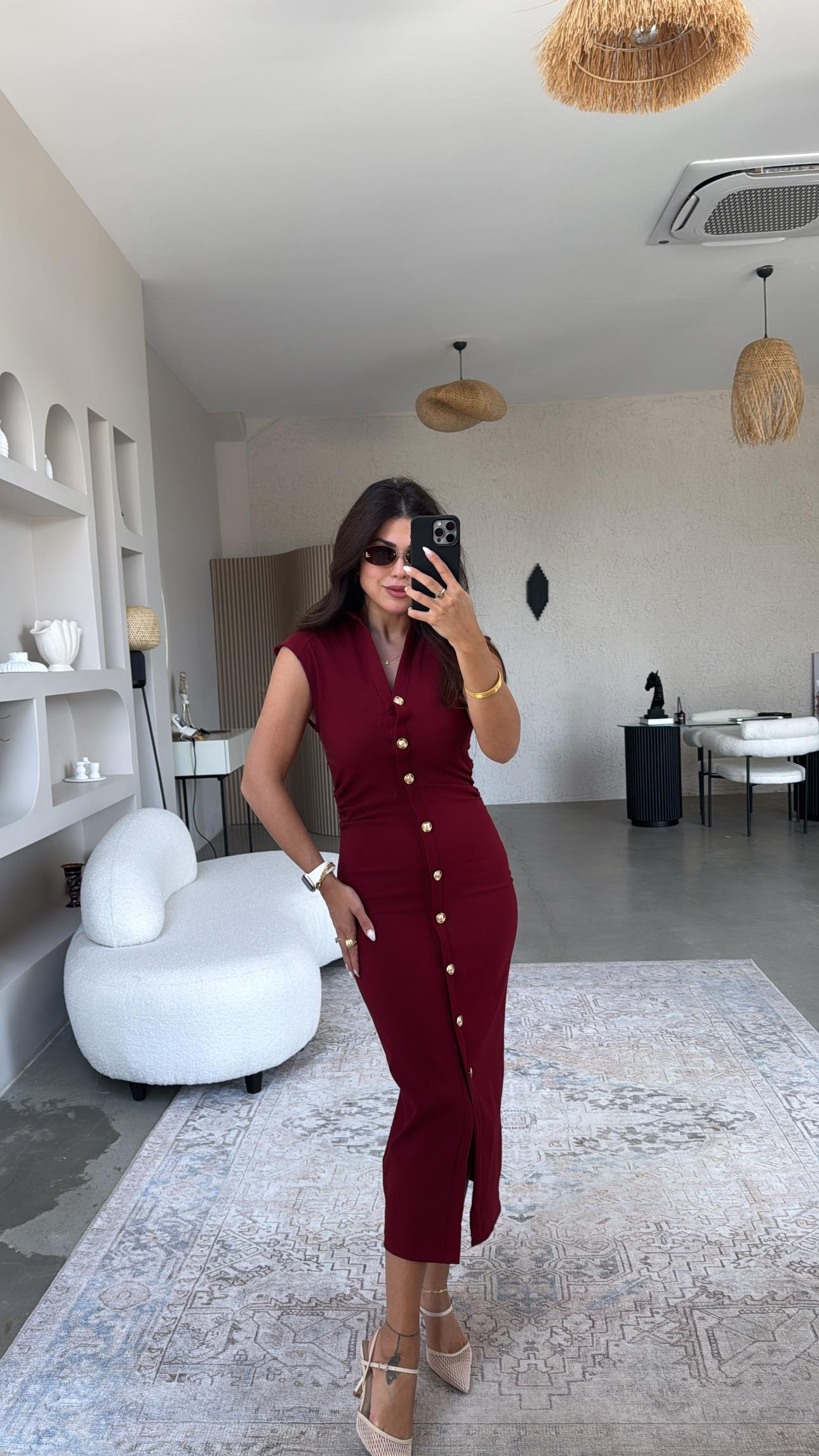 Bordo Gömlek Yakalı Gold Düğmeli Krep Elbise