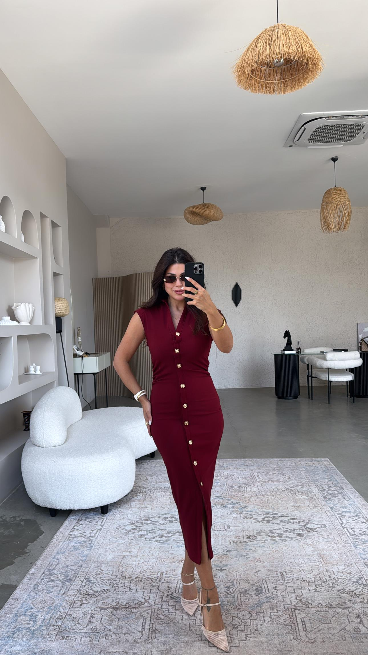 Bordo Gömlek Yakalı Gold Düğmeli Krep Elbise