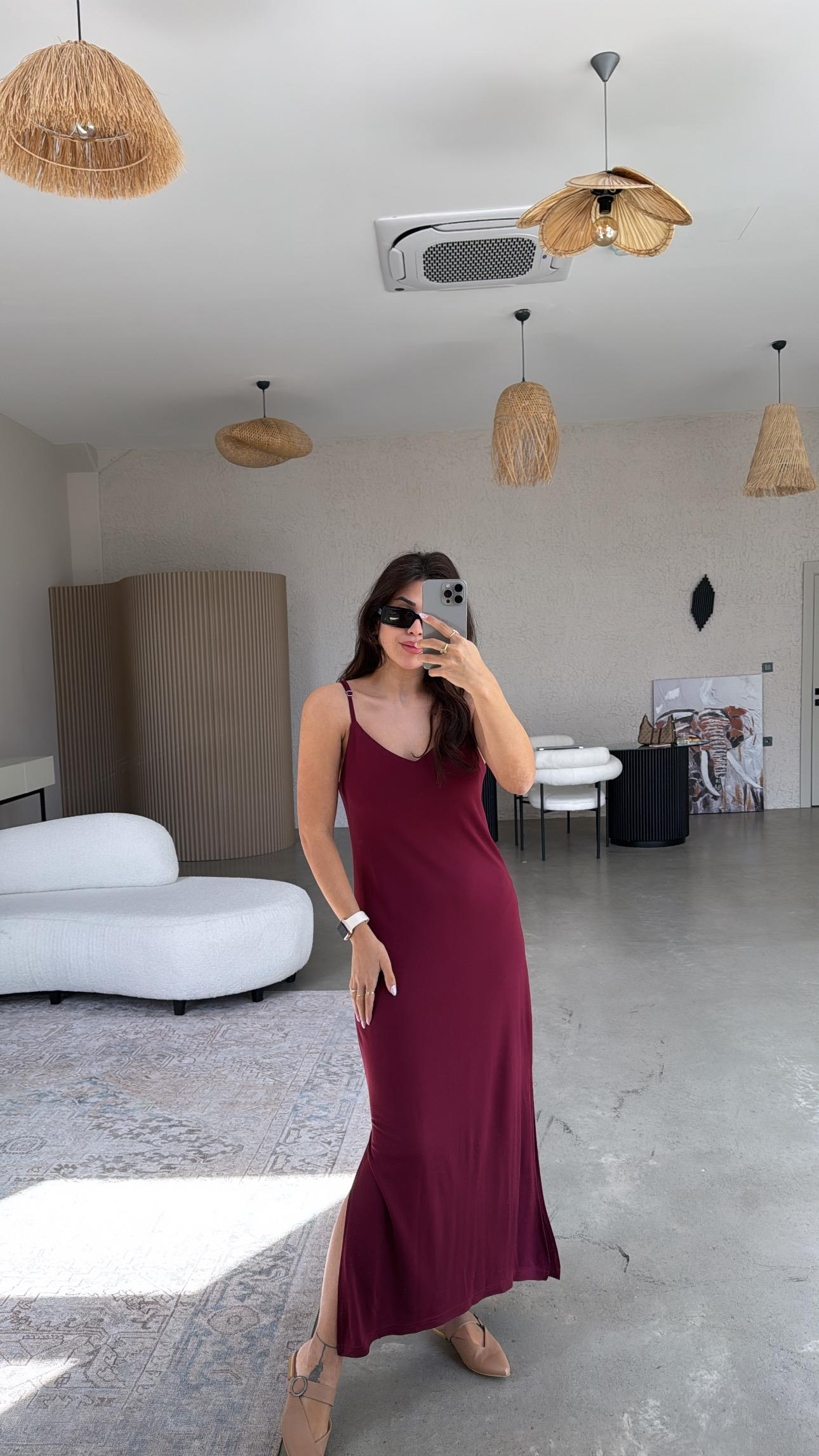 Bordo İp Askı Pike Modal Elbise