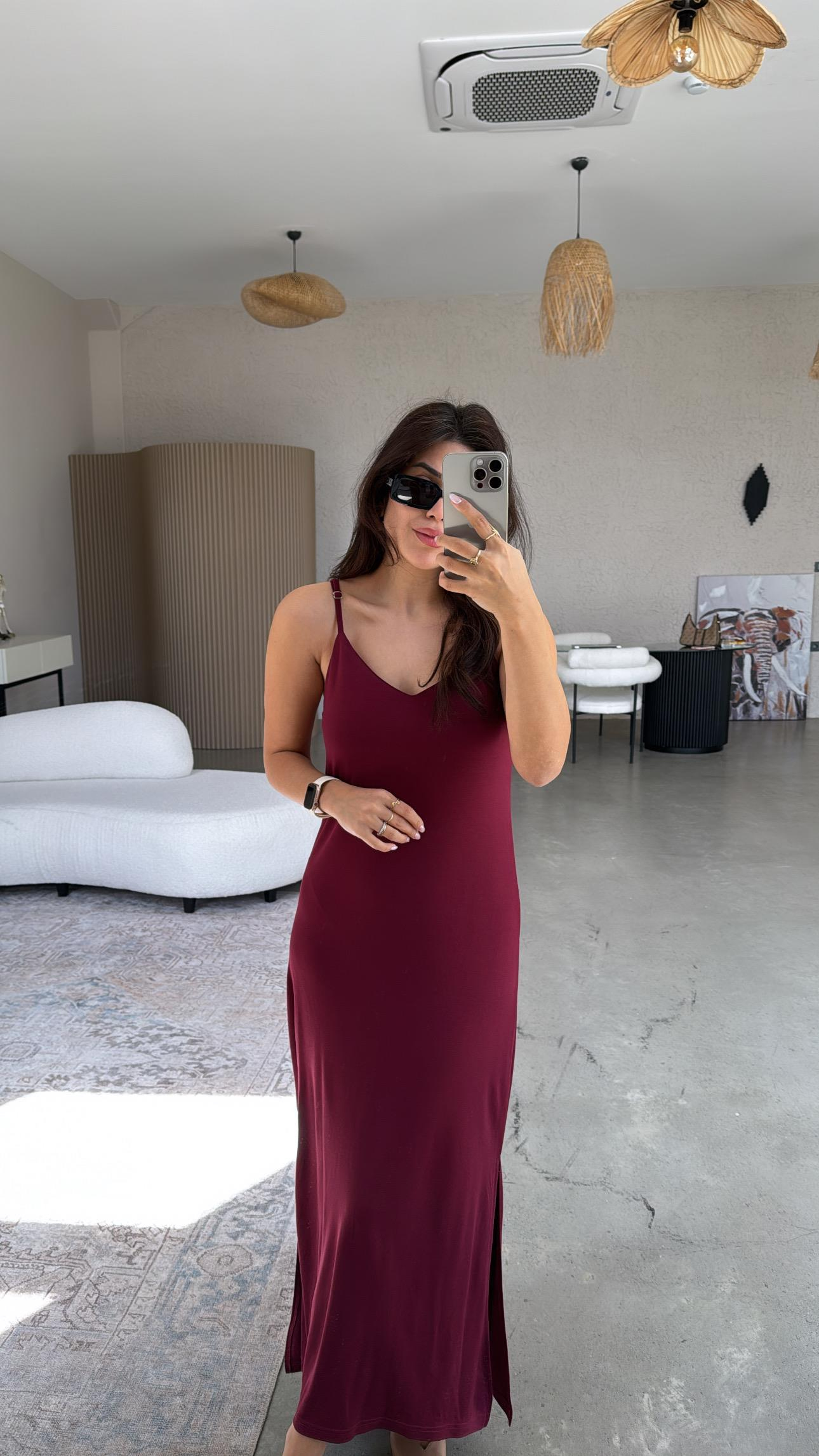 Bordo İp Askı Pike Modal Elbise