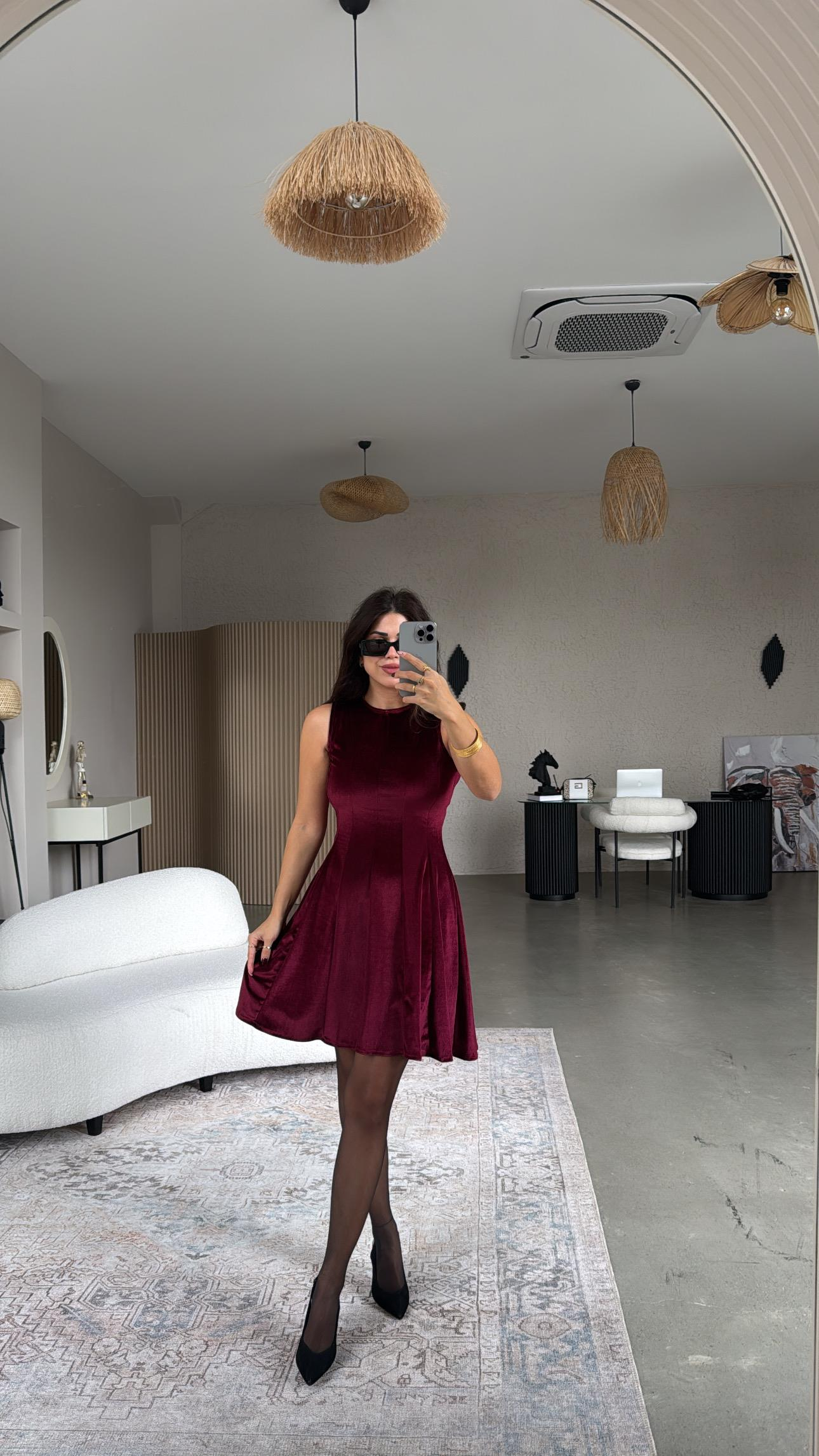 Bordo Kadife Kiloş Elbise