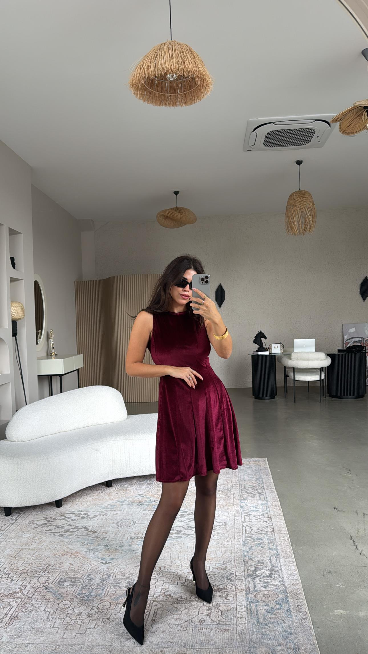 Bordo Kadife Kiloş Elbise