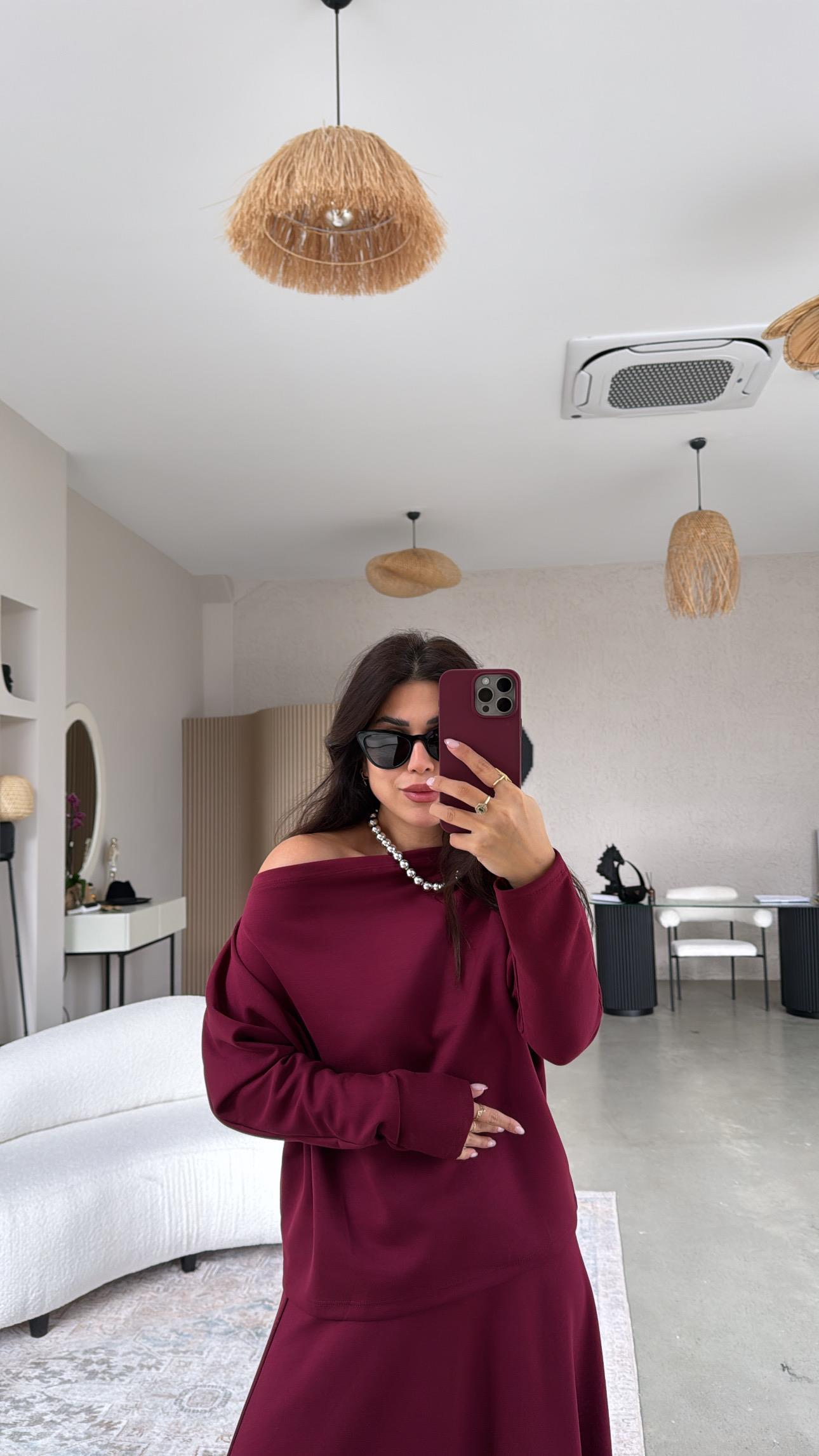 Bordo Kayık Yaka Modal Kumaş Etek Bluz Takım