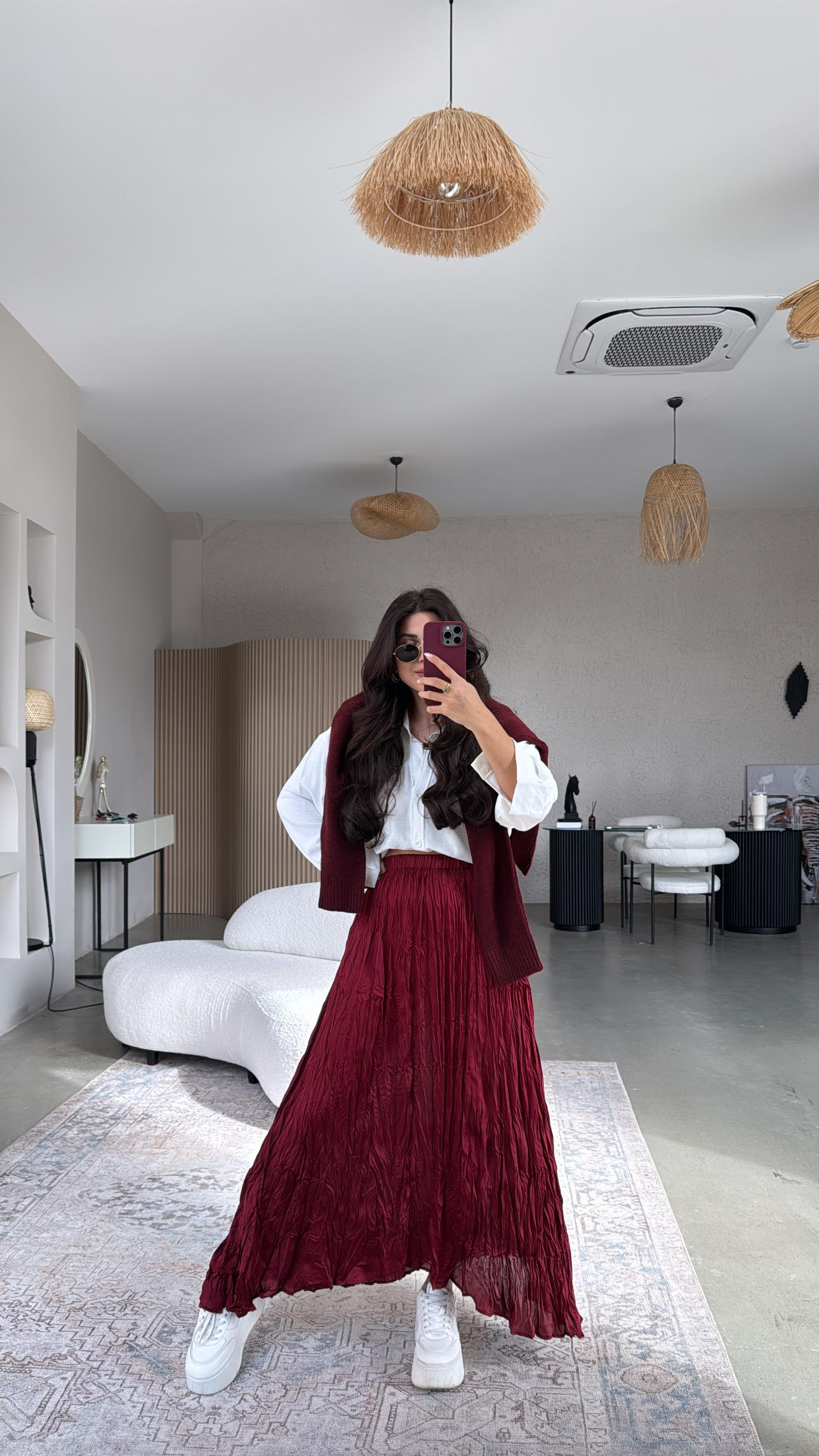 Bordo Kırışık Asimetrik Etek