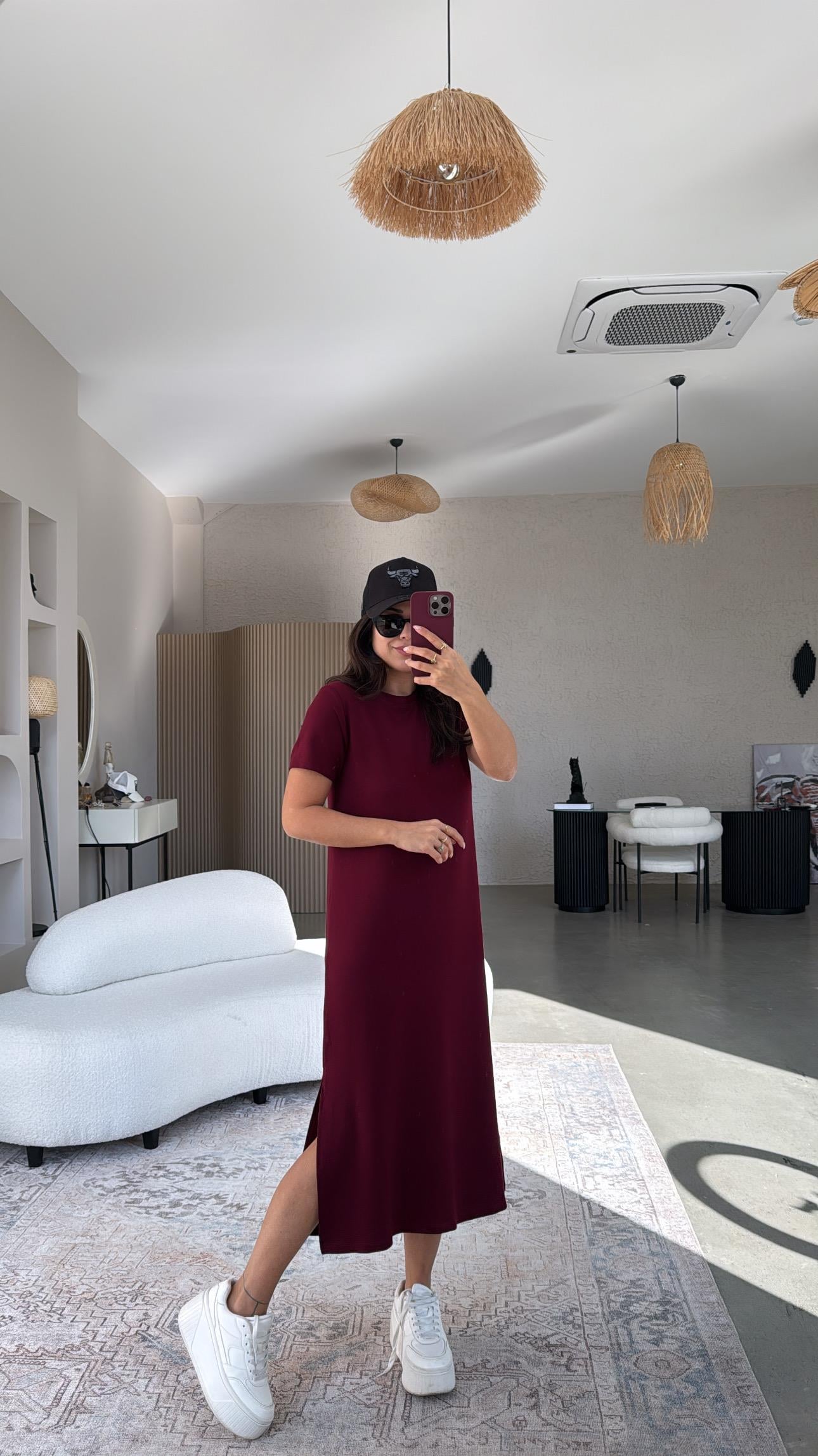 Bordo Kısa Kol Bisiklet Yaka Basic Elbise