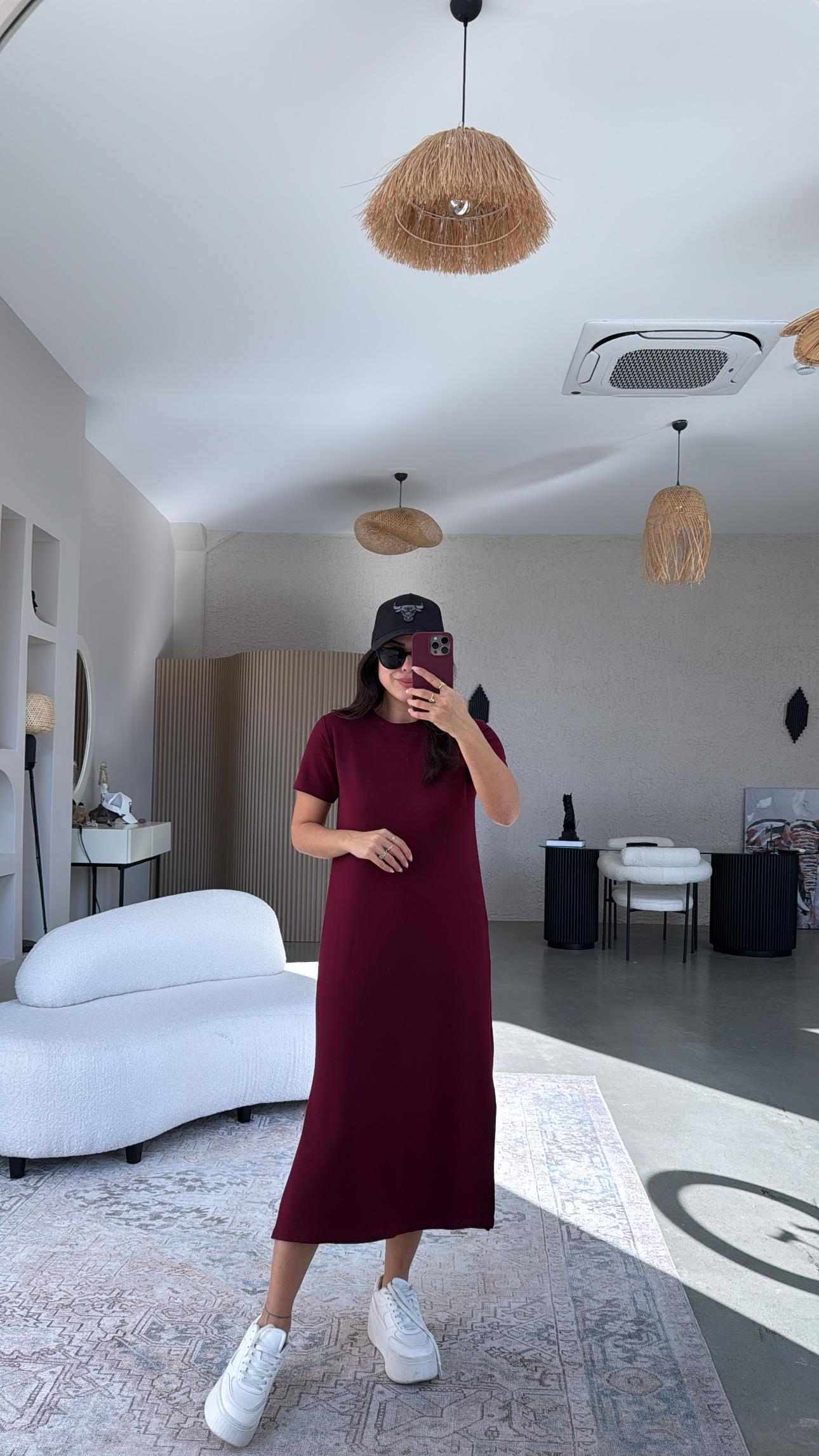Bordo Kısa Kol Bisiklet Yaka Basic Elbise