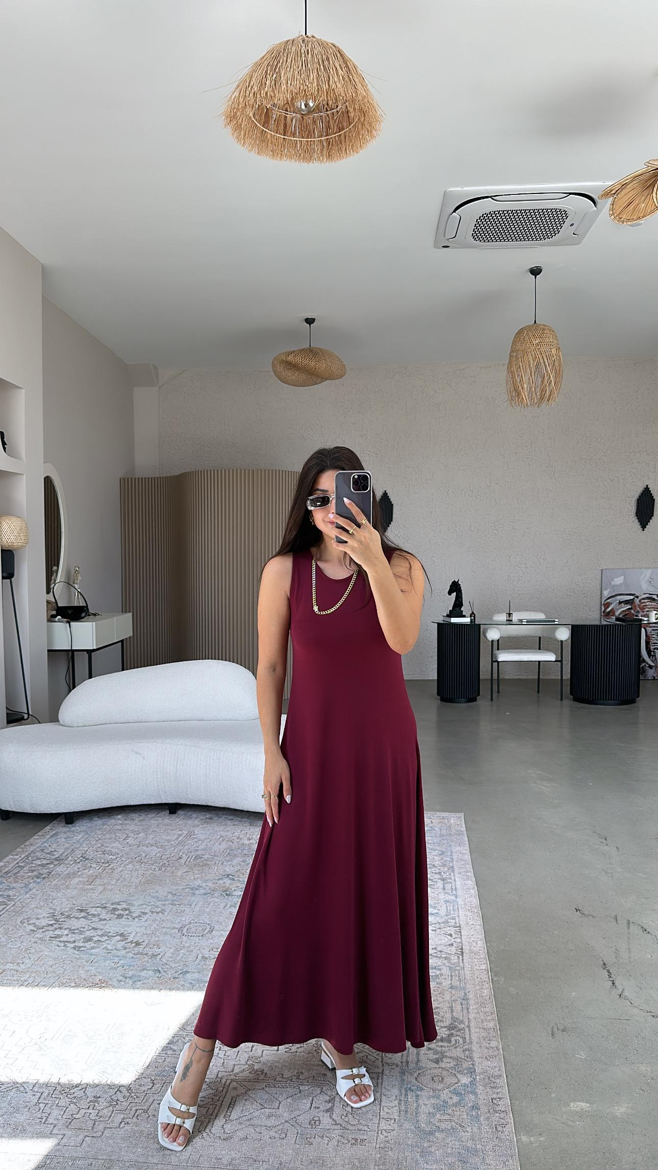 Bordo Kolsuz A Kesim Modal Elbise