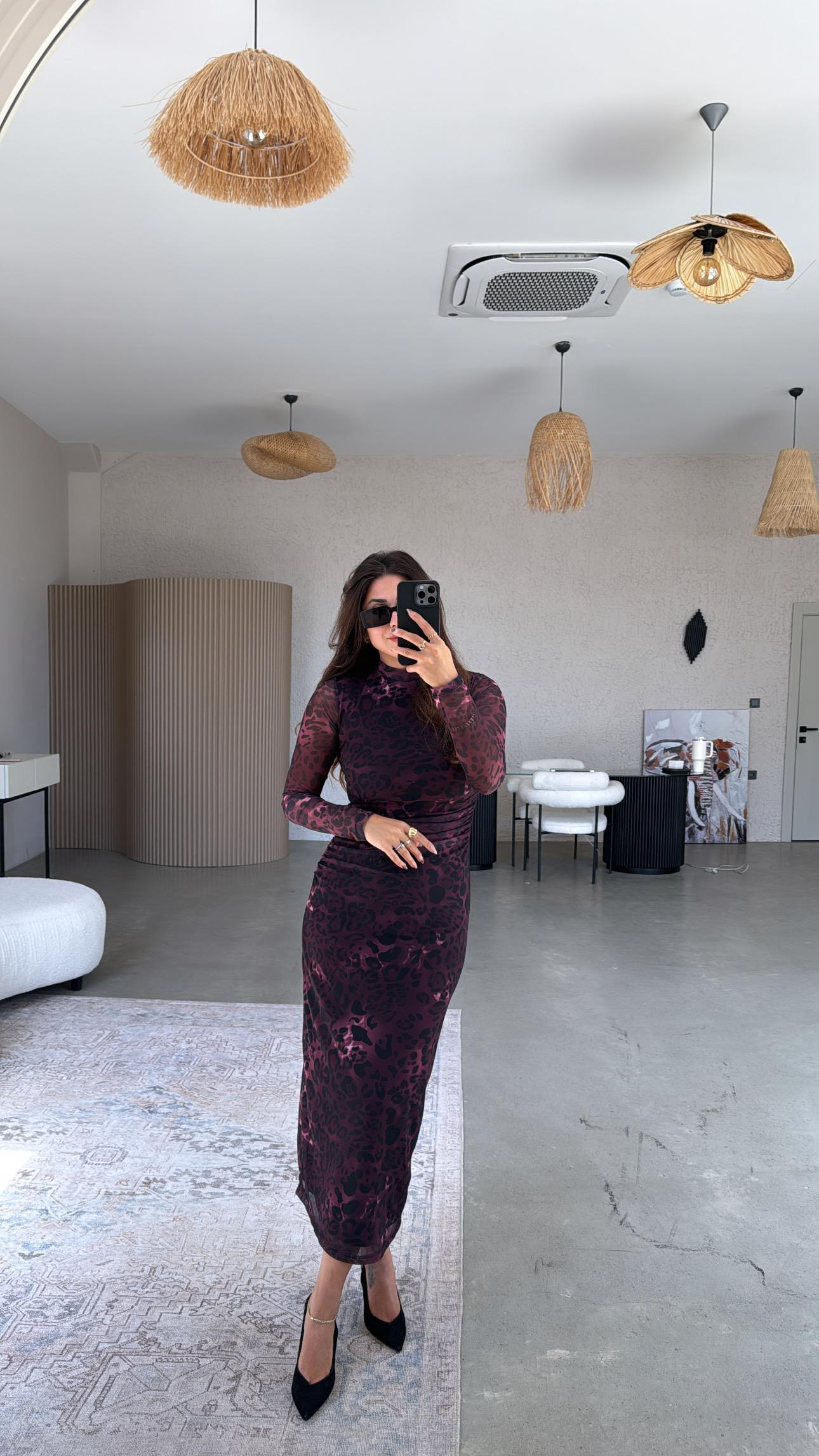 Bordo Leopar Drapeli ZR Tül Elbise