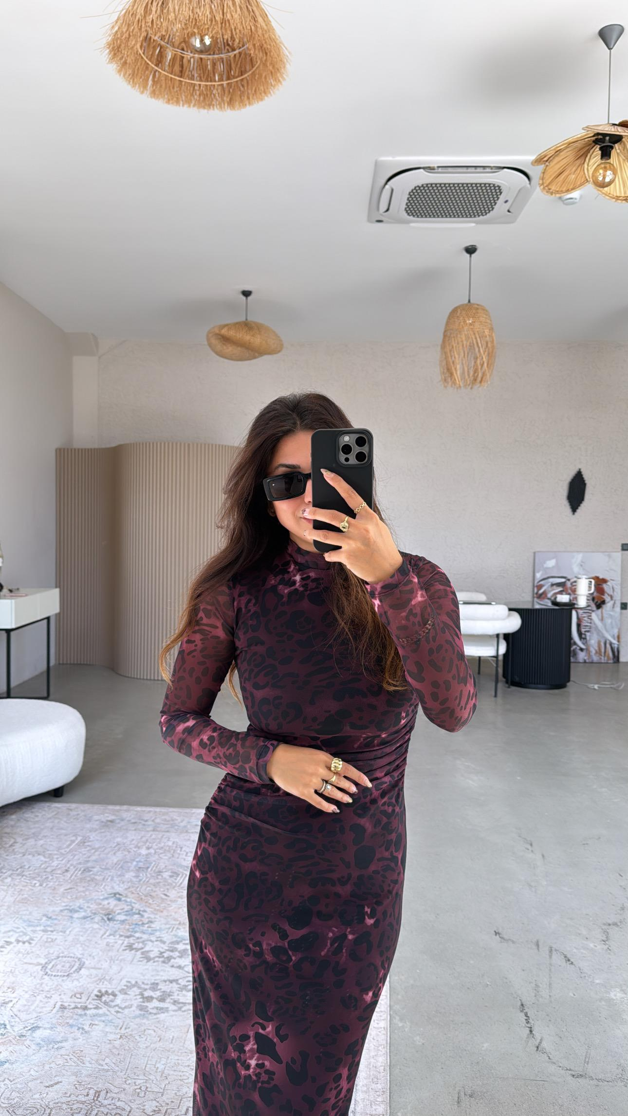 Bordo Leopar Drapeli ZR Tül Elbise
