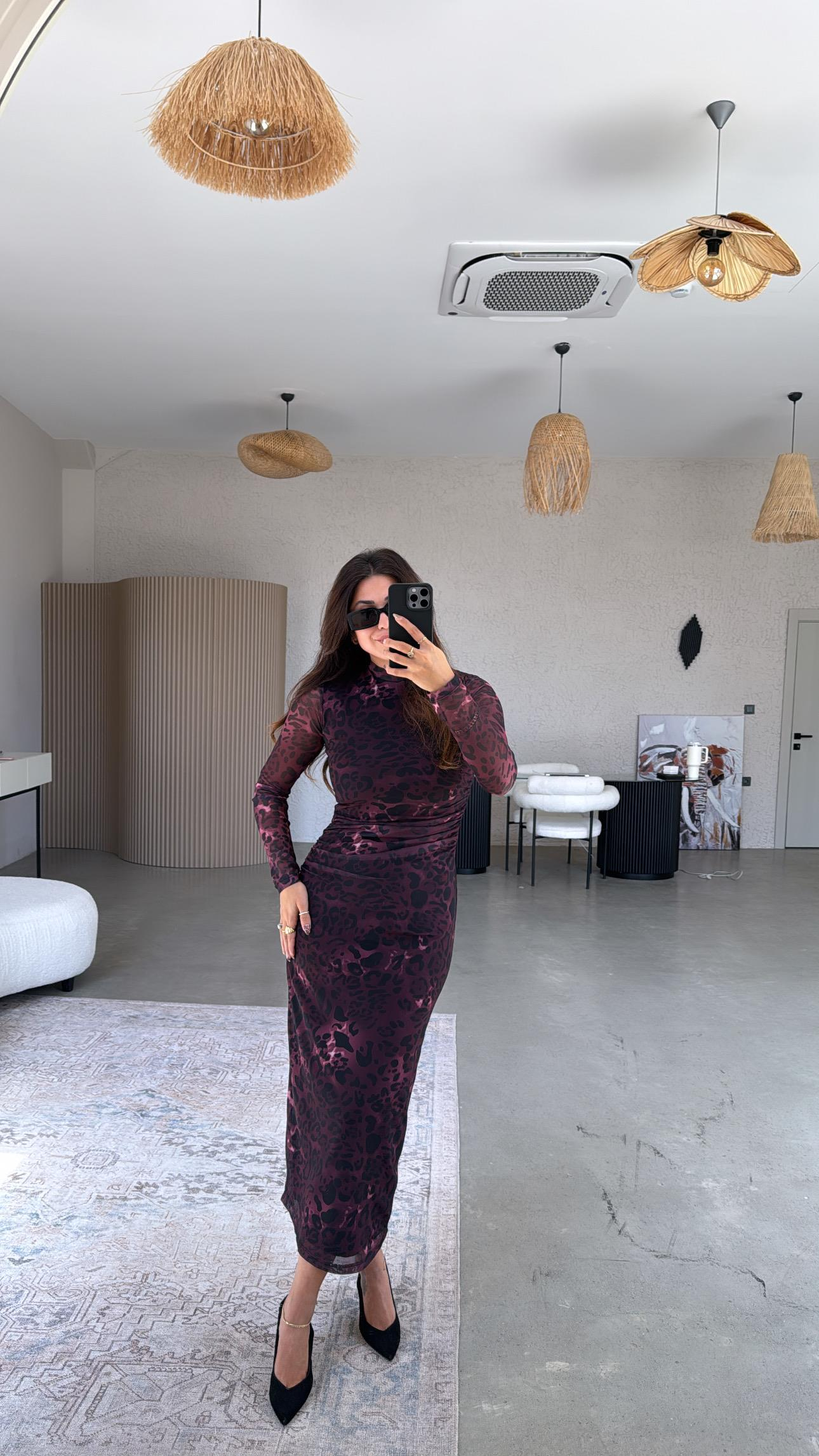 Bordo Leopar Drapeli ZR Tül Elbise