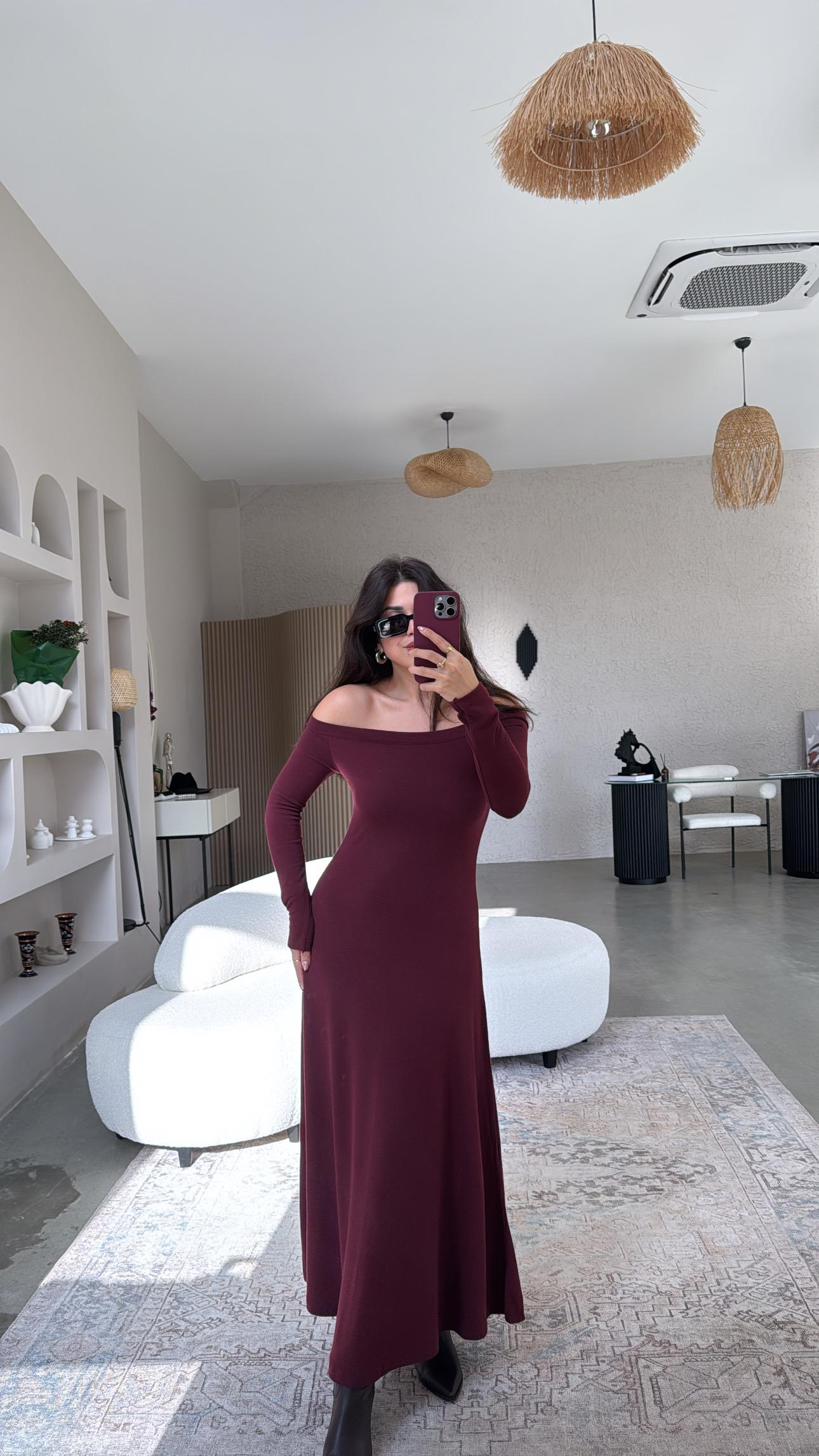 Bordo Madonna Yaka Maxi Çan Elbise