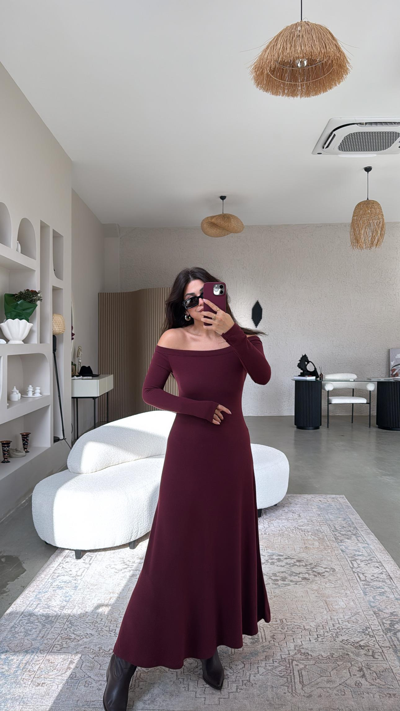 Bordo Madonna Yaka Maxi Çan Elbise