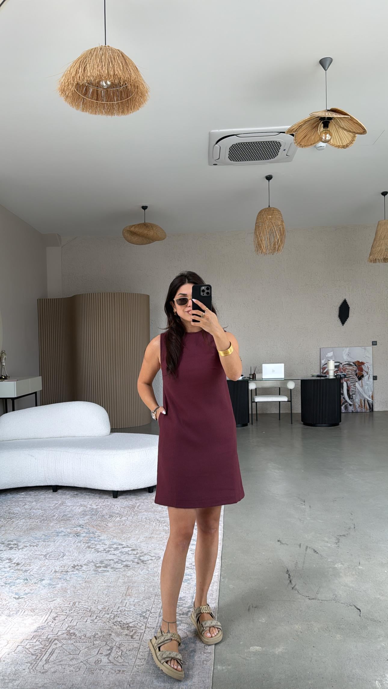 Bordo Massi Ham Keten Elbise