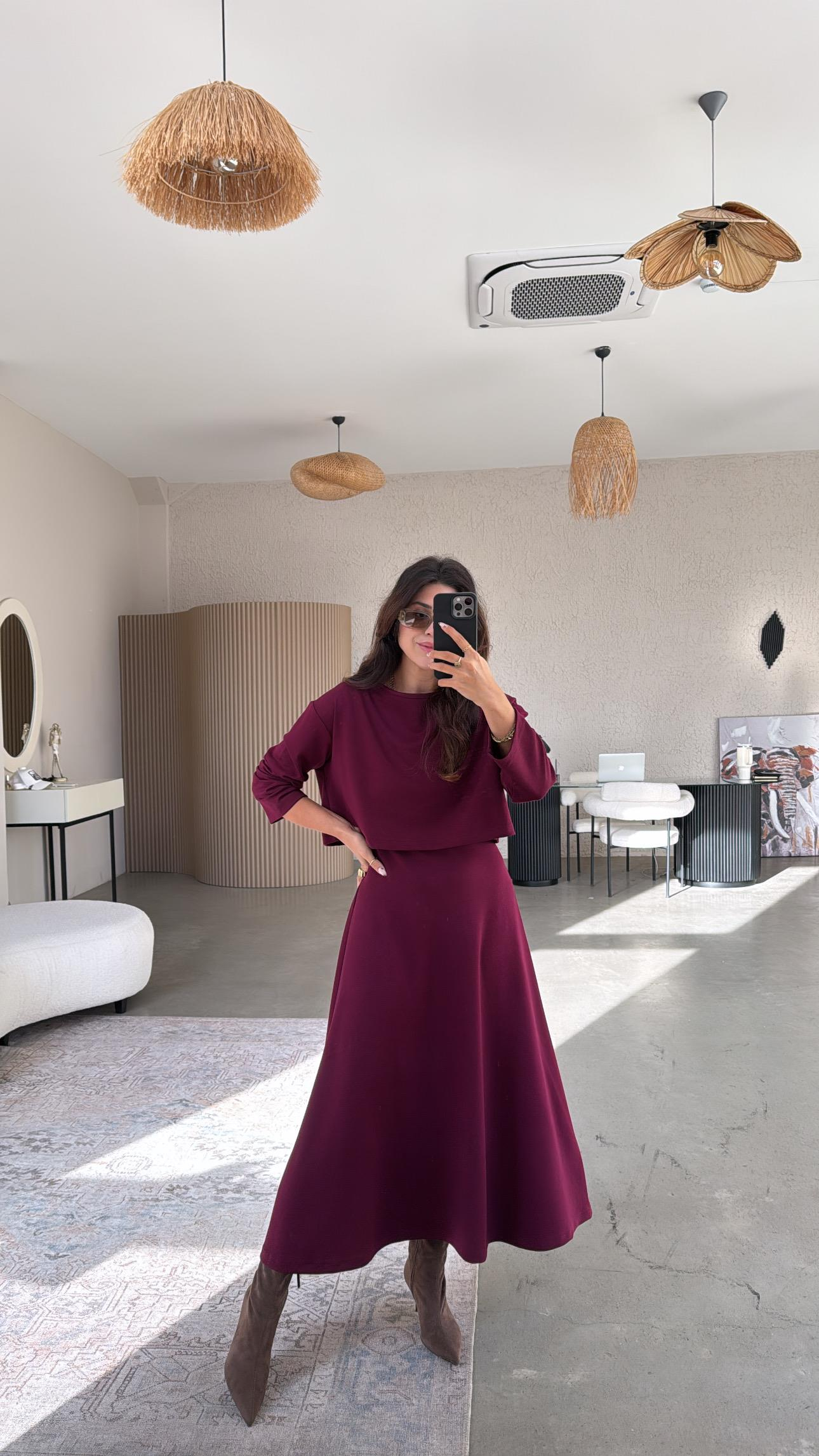 Bordo Modal Elbise Bluz İkili Takım