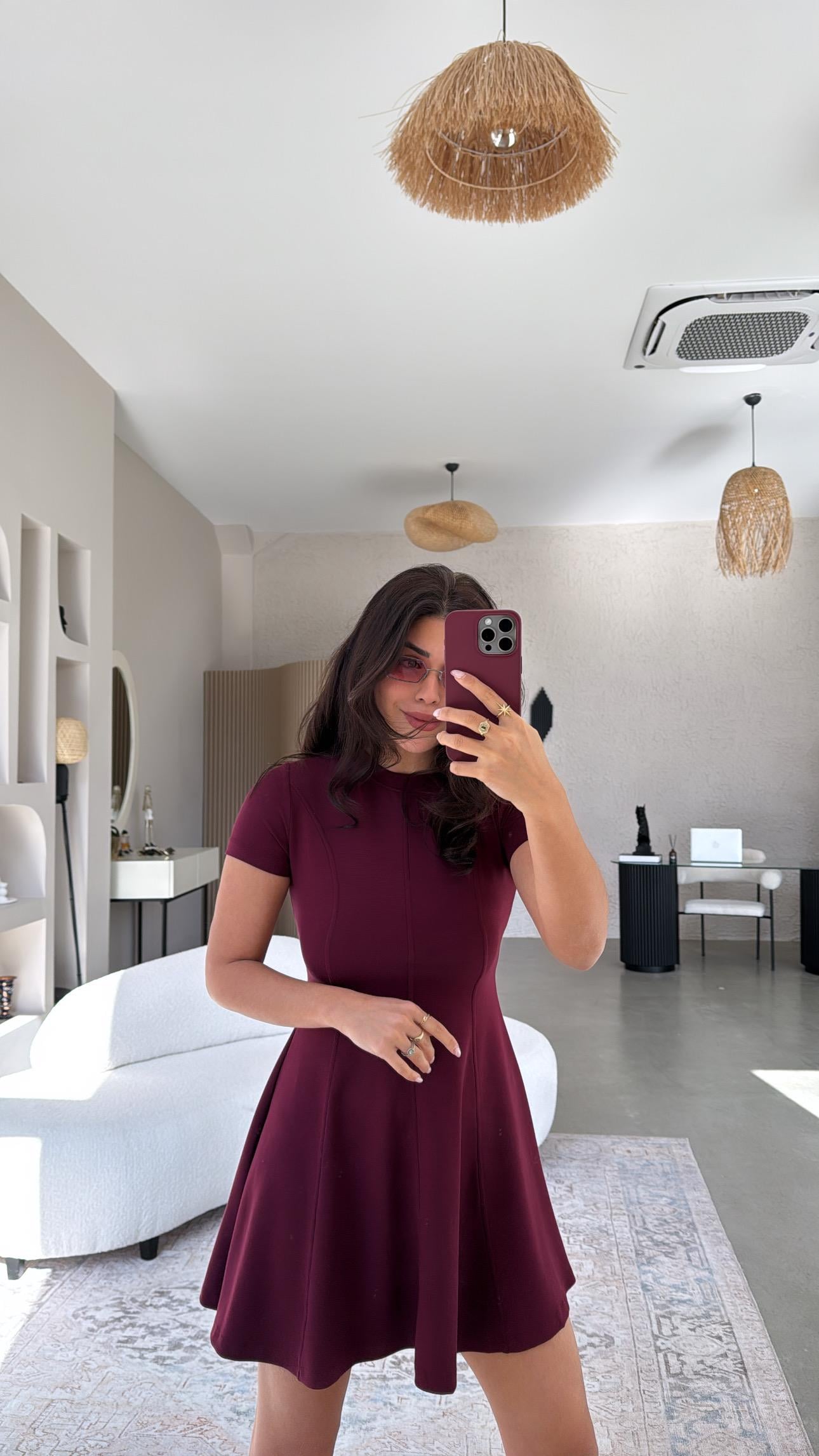 Bordo Modal Kısa Kollu Çımalı Elbise
