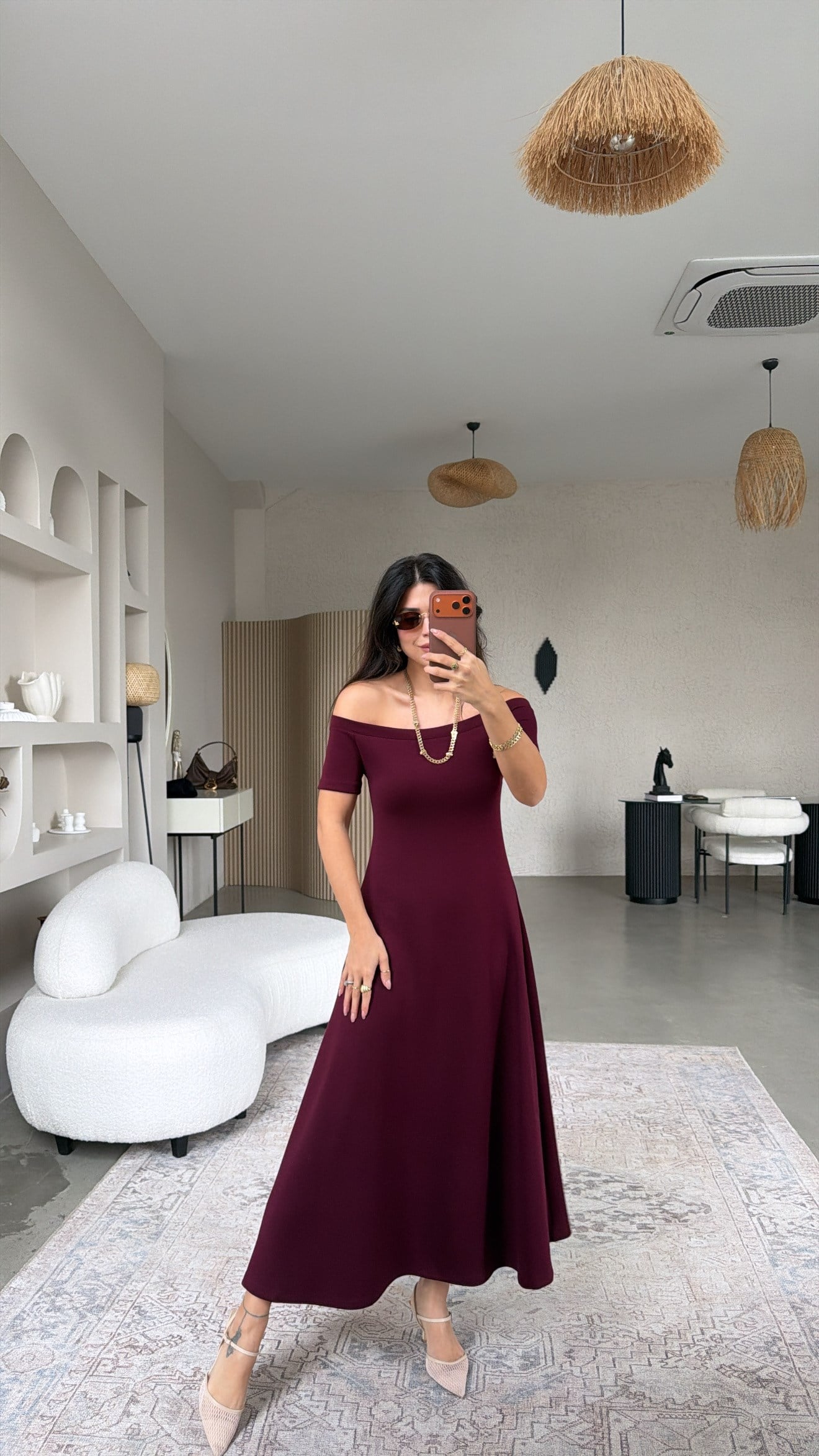 Bordo Modal Omzu Açık ZR Model Elbise