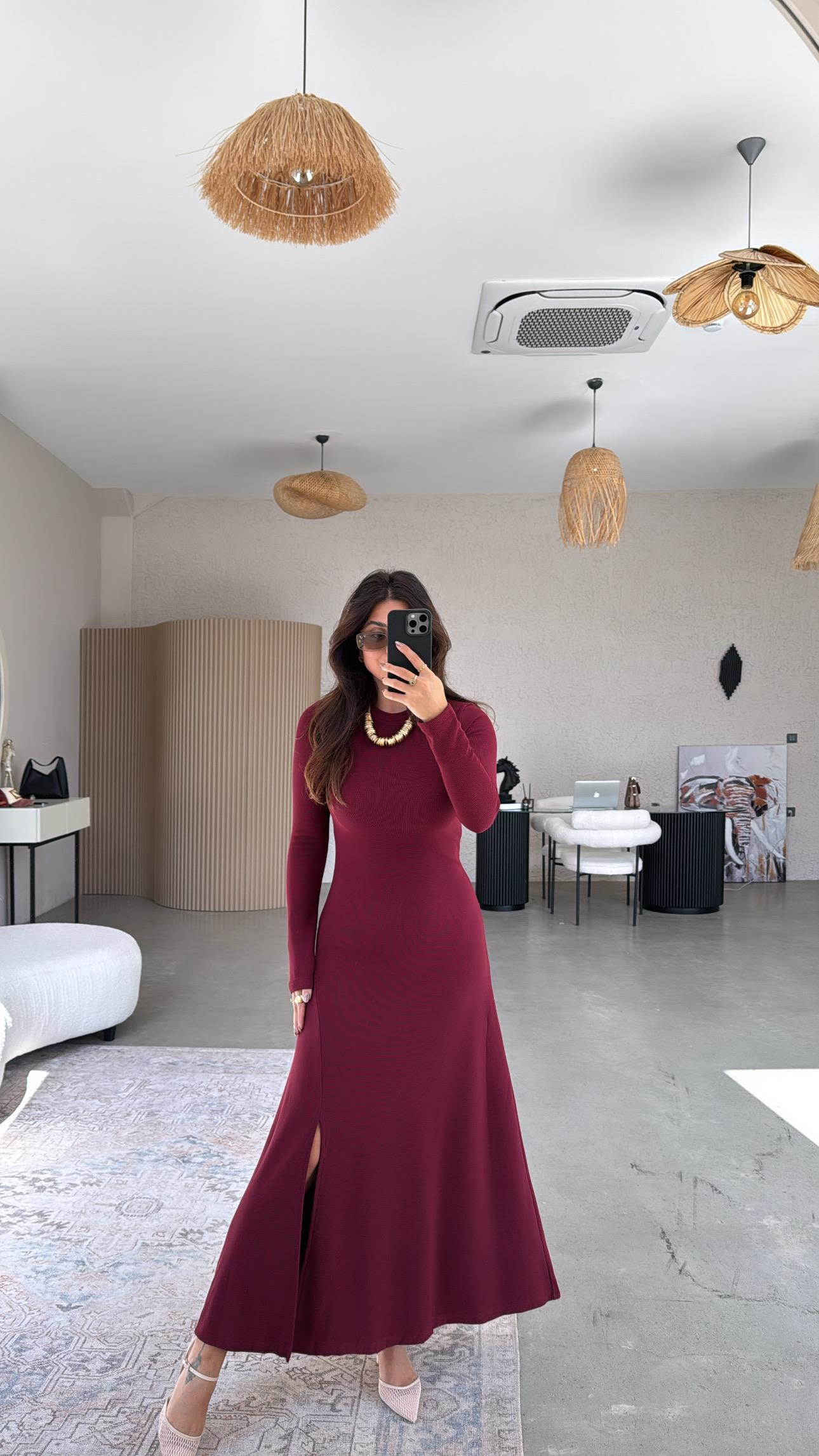 Bordo Ottoman Yırtmaç Detaylı Elbise