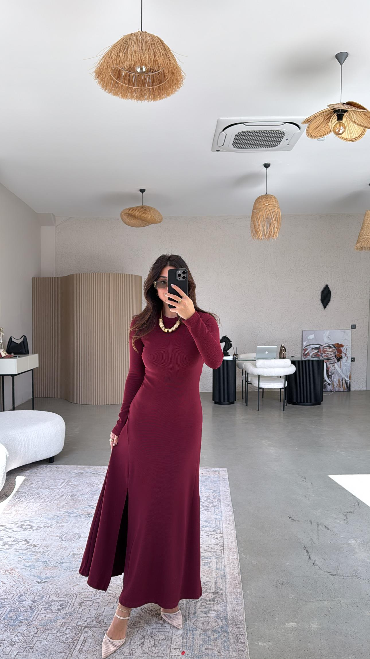 Bordo Ottoman Yırtmaç Detaylı Elbise