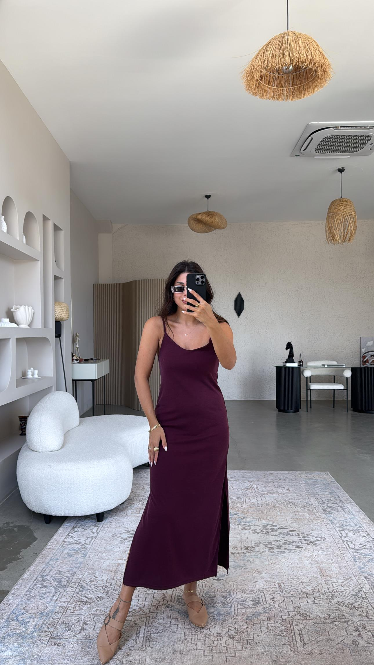 Bordo Oys Askılı Basic Elbise