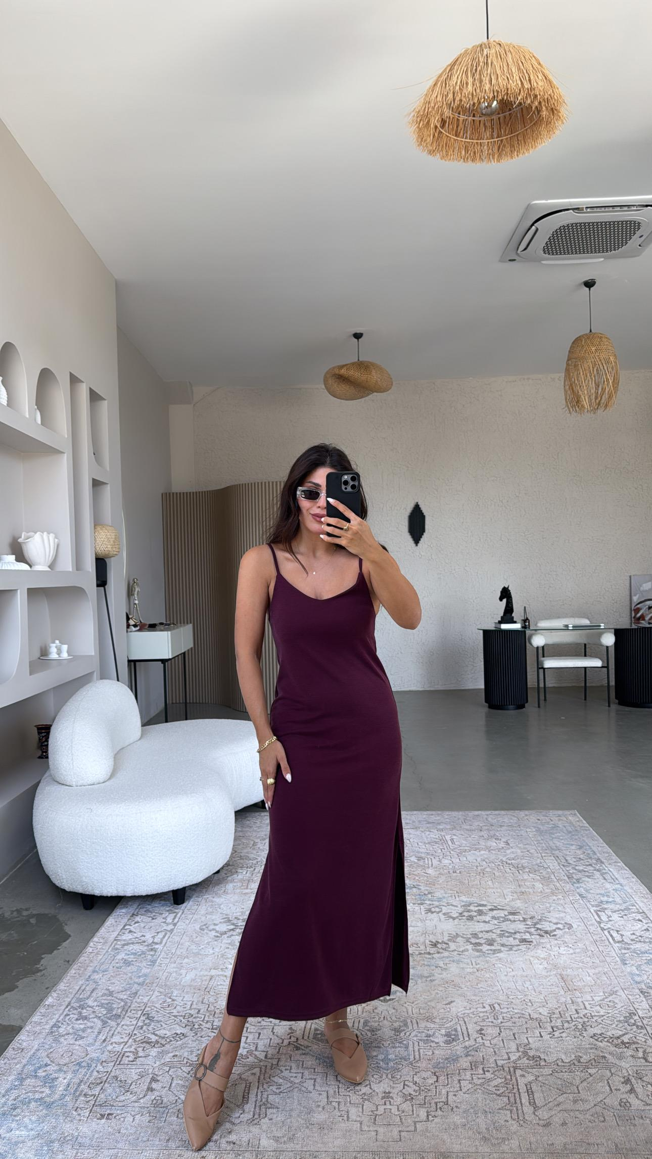 Bordo Oys Askılı Basic Elbise