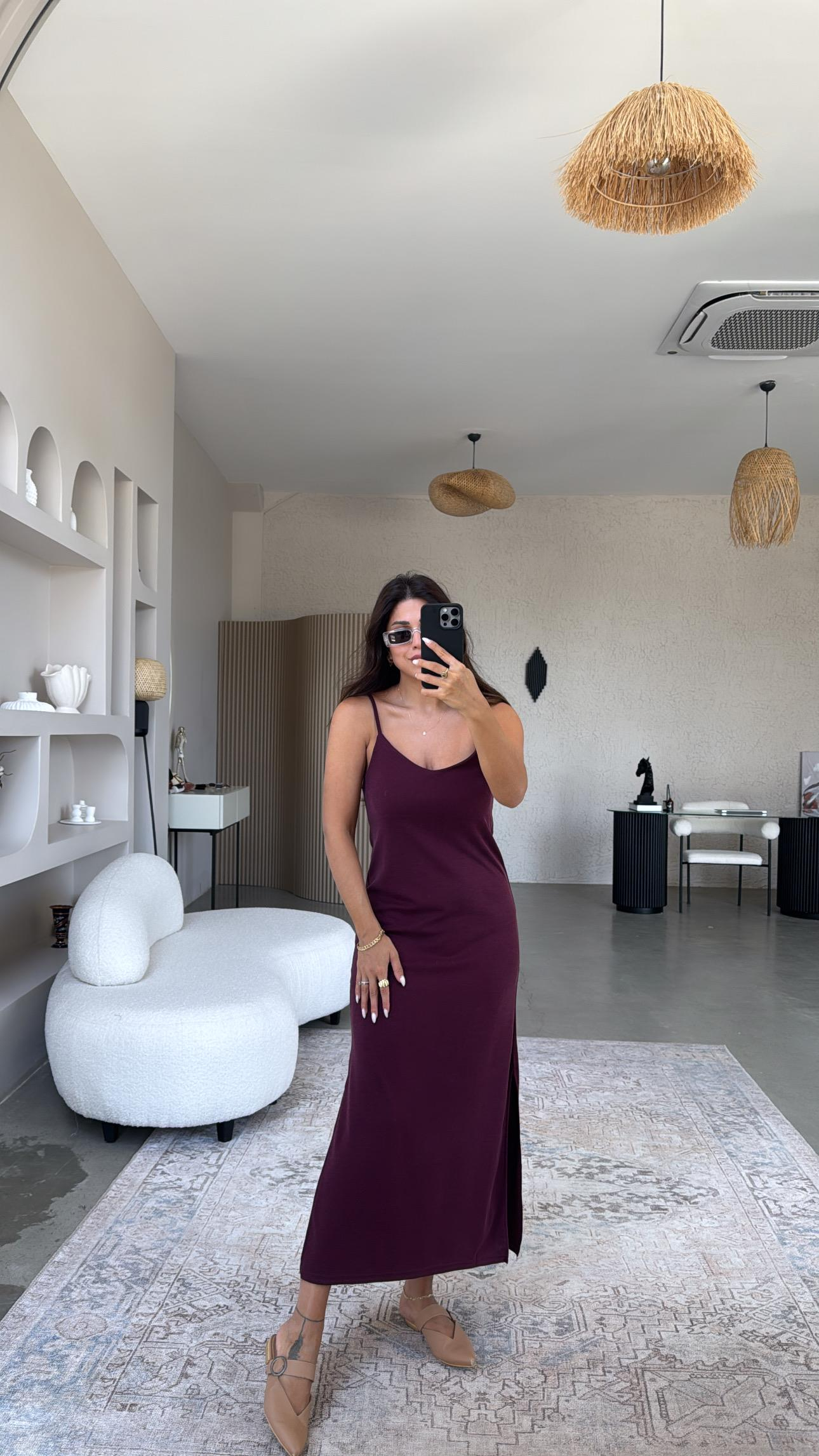 Bordo Oys Askılı Basic Elbise