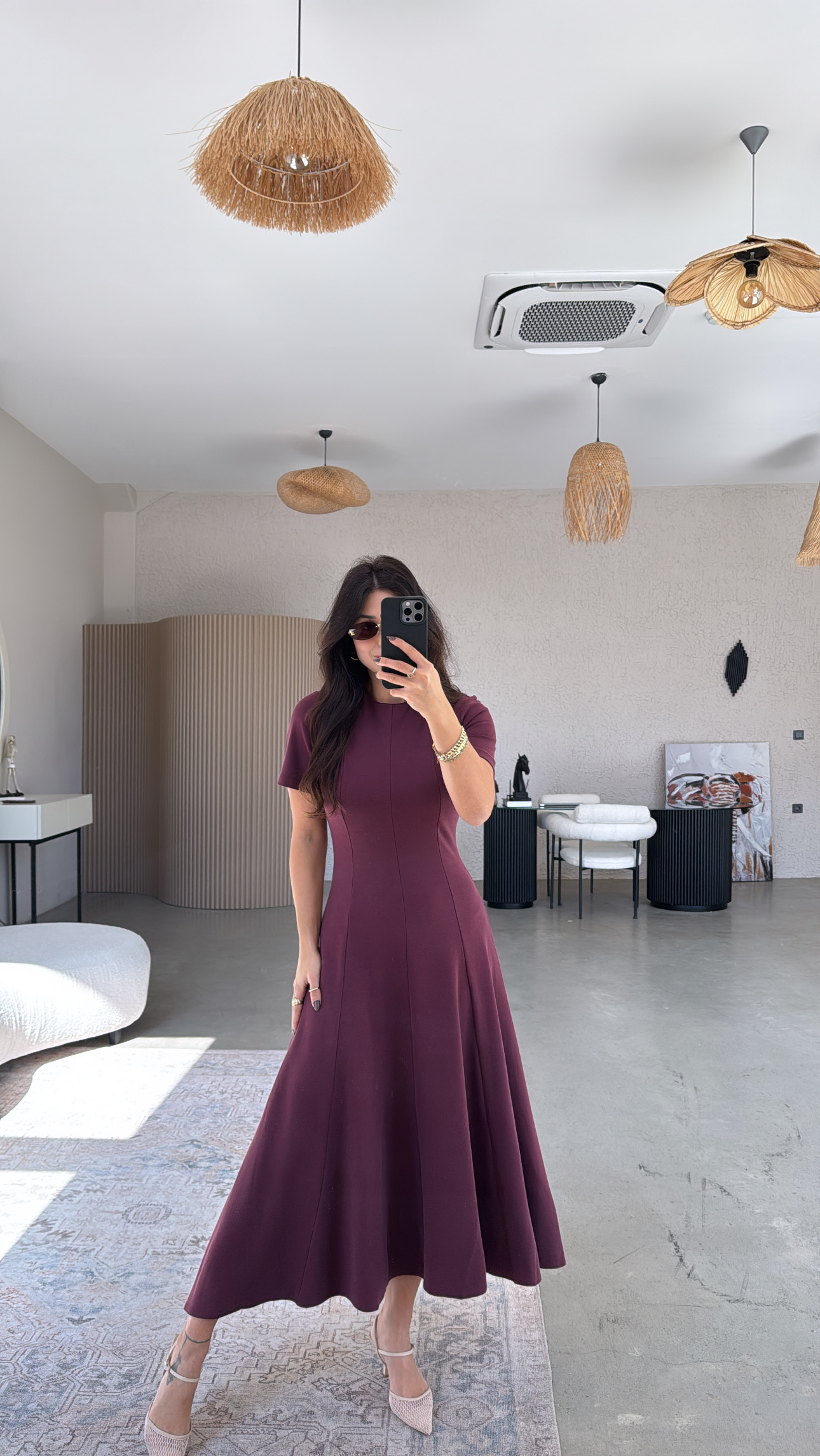 Bordo Parçalı Massi Model Maxi Elbise