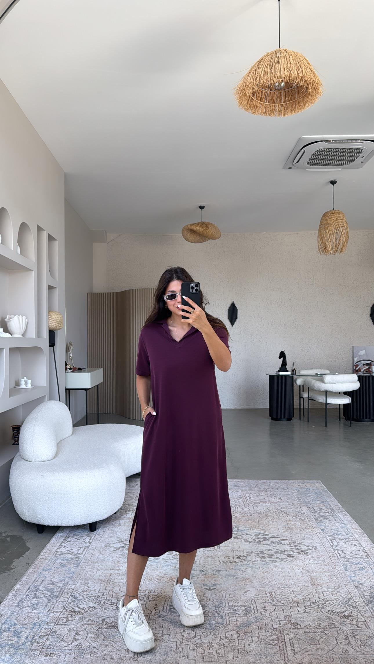 Bordo Pike Modal Yakalı Basic Elbise
