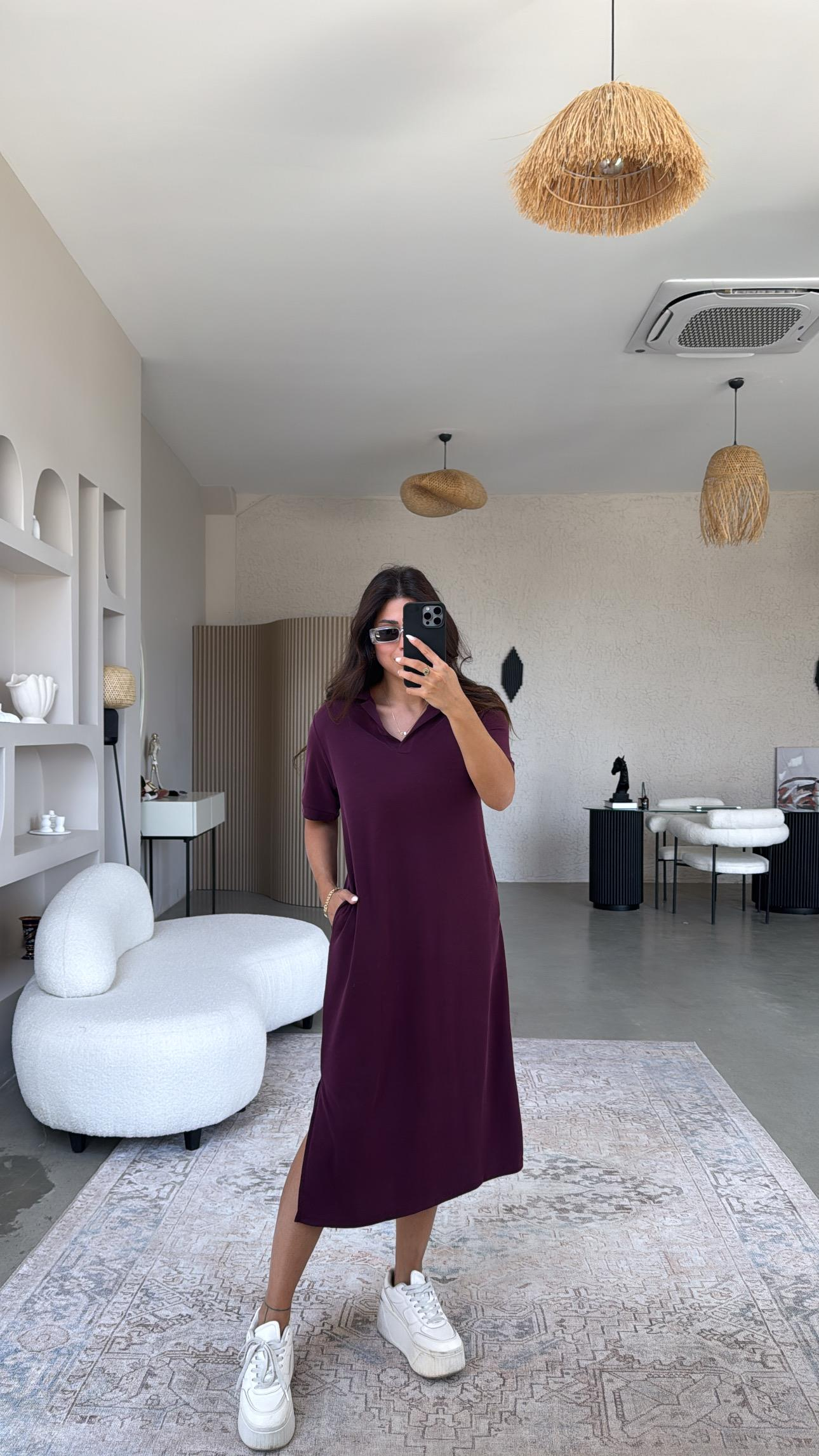 Bordo Pike Modal Yakalı Basic Elbise