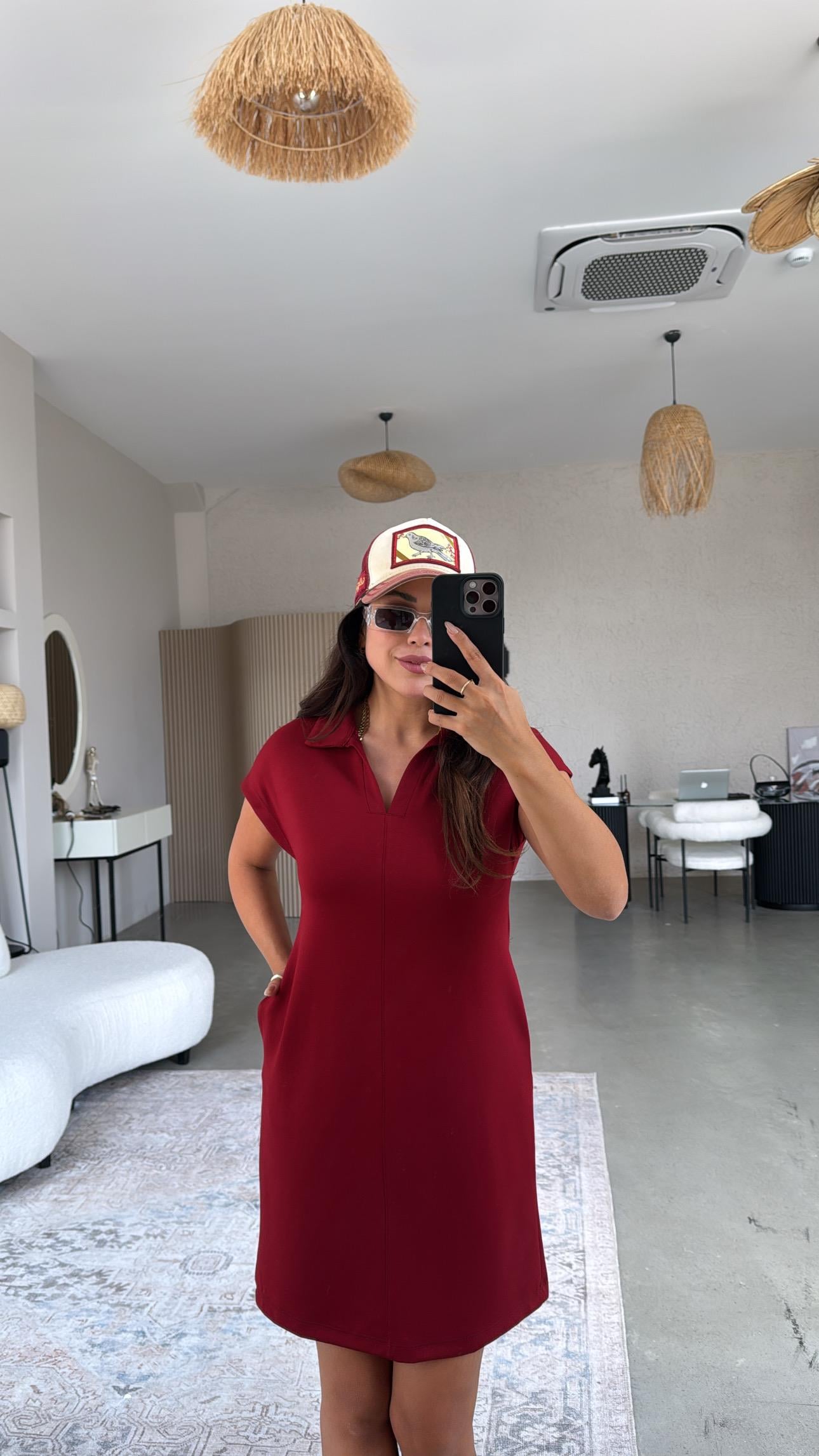 Bordo Polo Yaka Çımalı Elbise