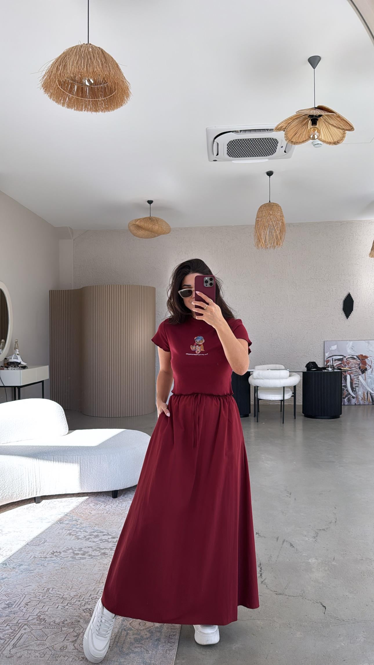Bordo Poplin Maxi Etek