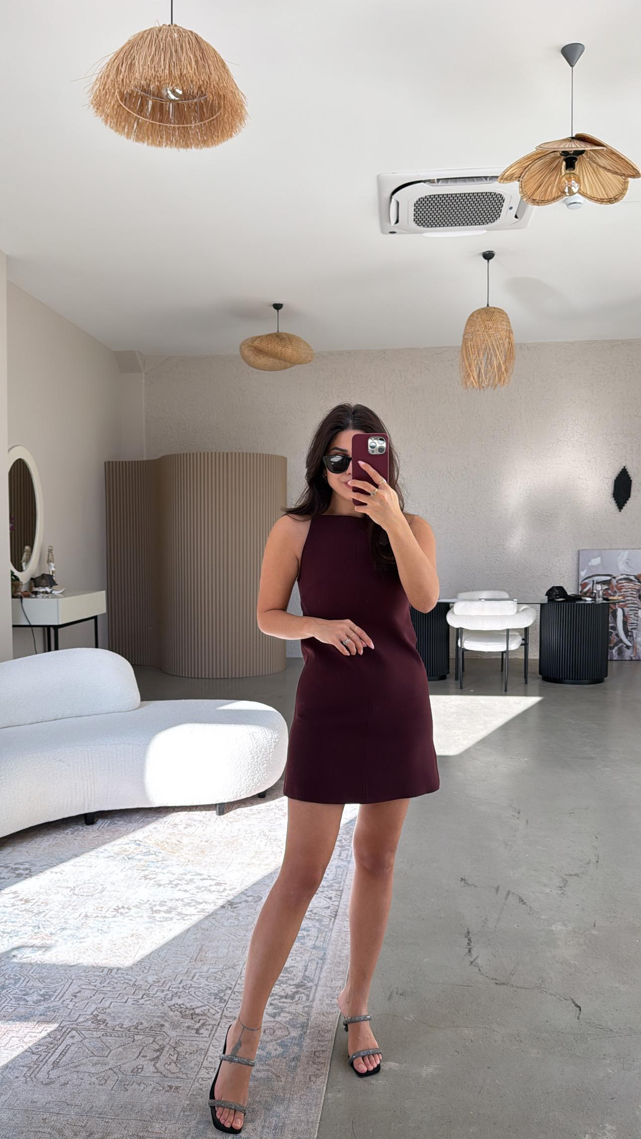 Bordo Premium Askılı Mini Elbise