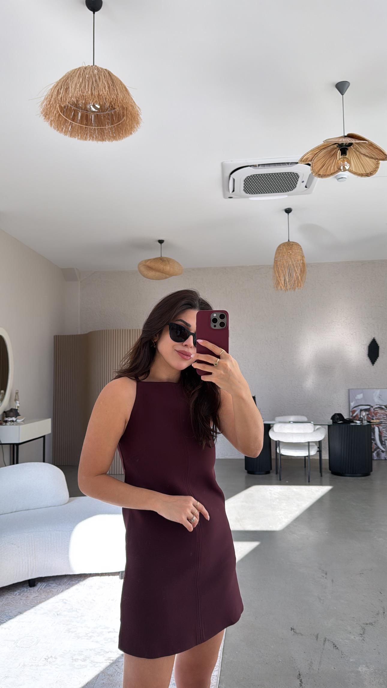 Bordo Premium Askılı Mini Elbise