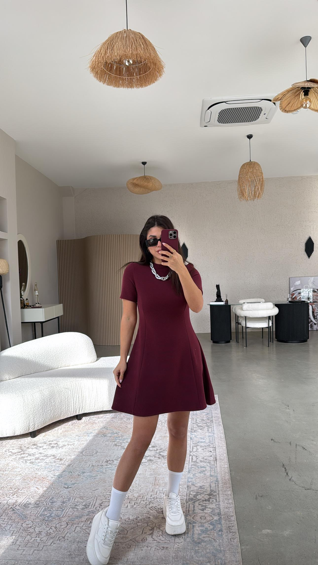 Bordo Selanik Triko Çan Elbise