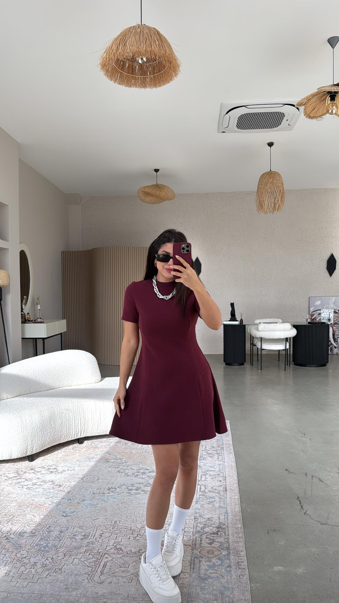 Bordo Selanik Triko Çan Elbise