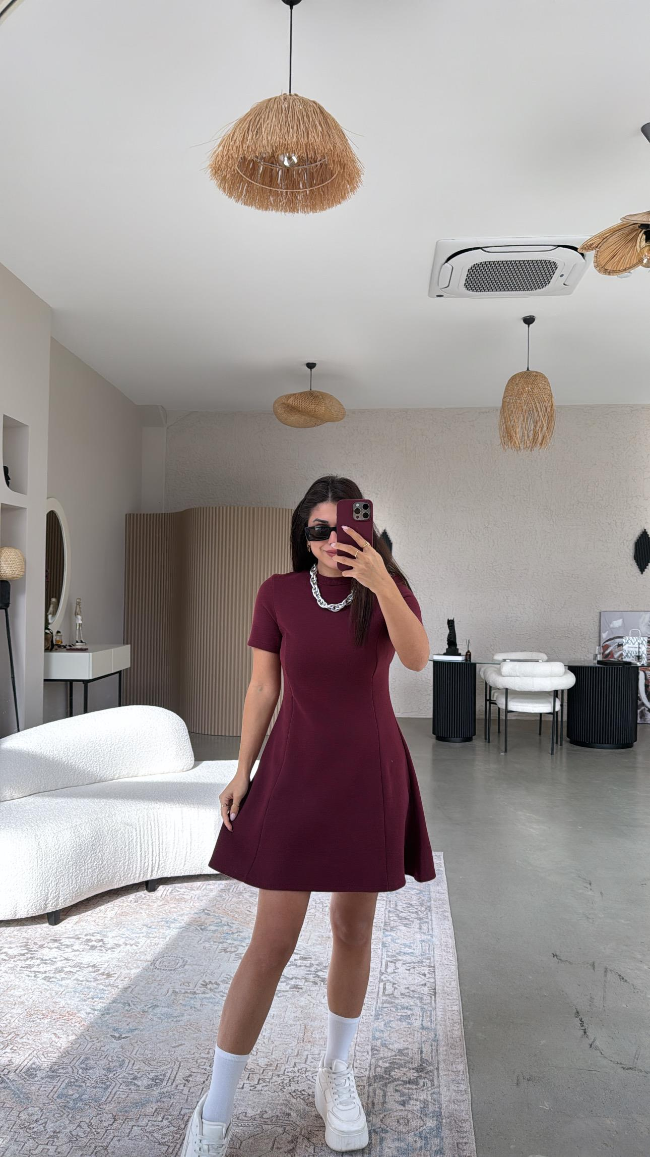 Bordo Selanik Triko Çan Elbise