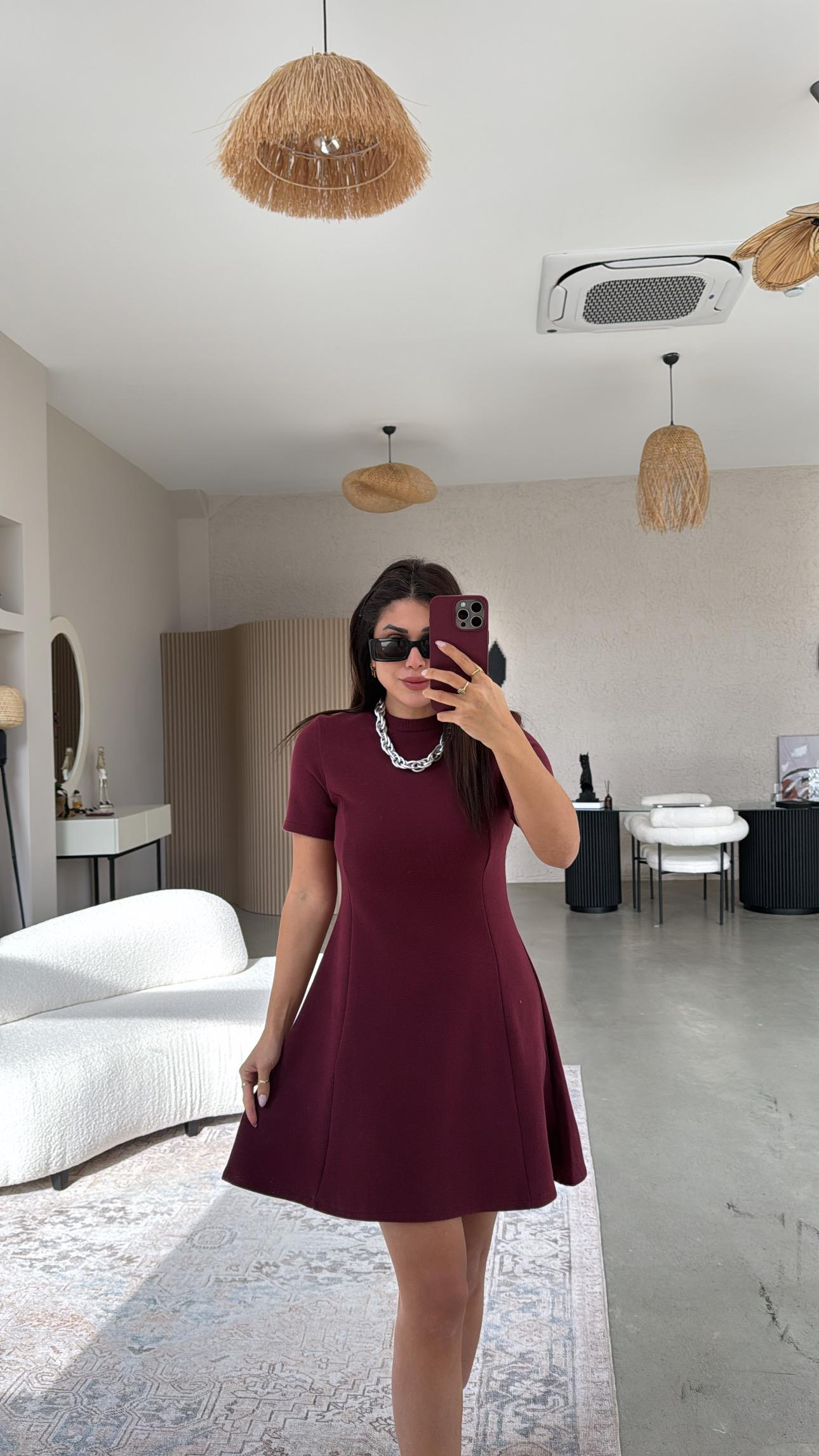 Bordo Selanik Triko Çan Elbise