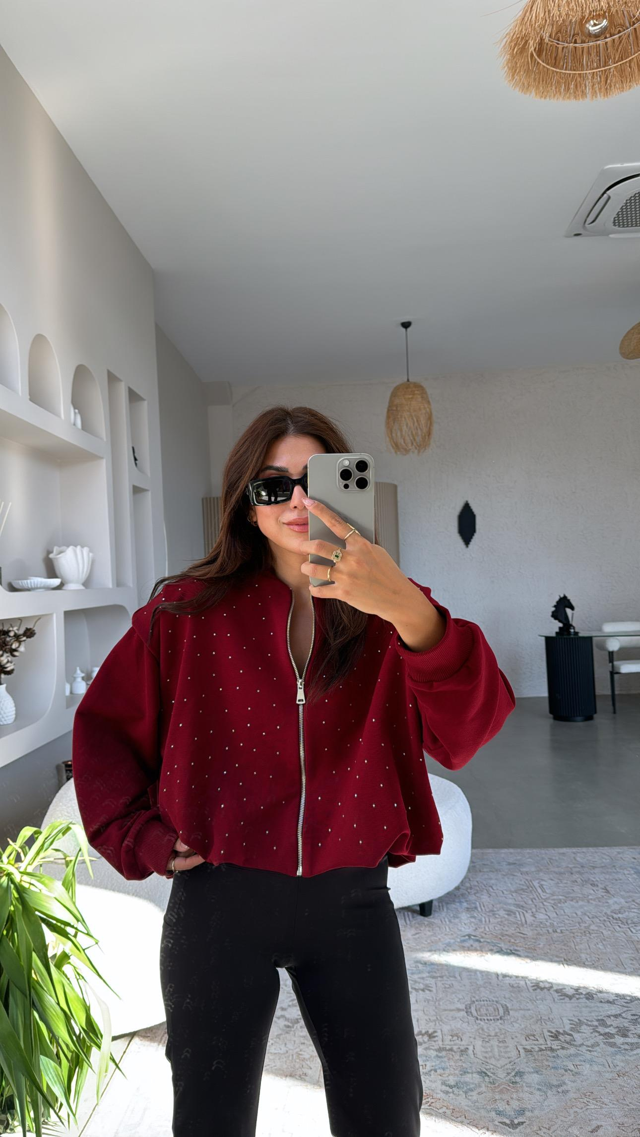 Bordo Taşlı Fermuarlı Ceket
