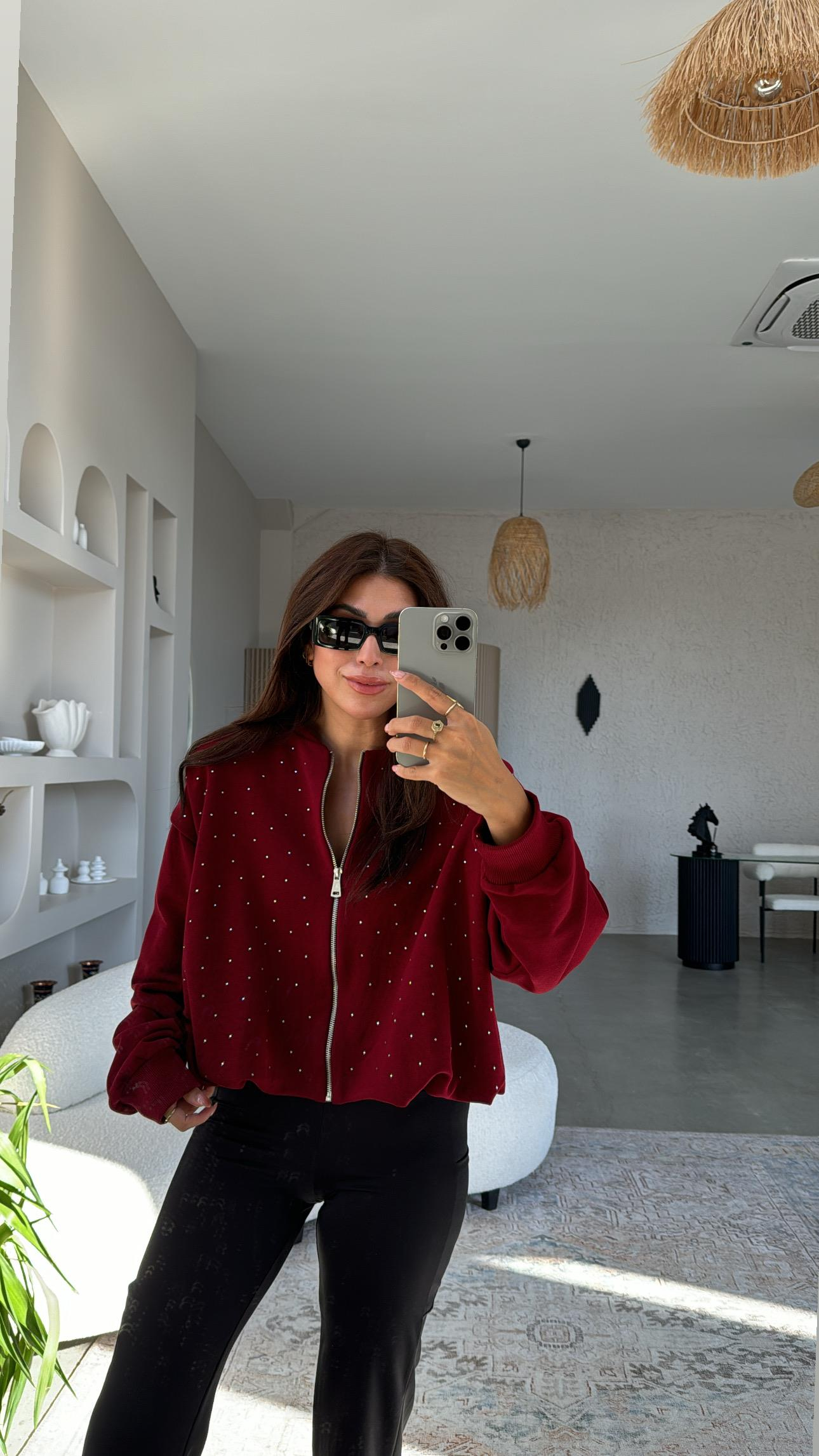 Bordo Taşlı Fermuarlı Ceket