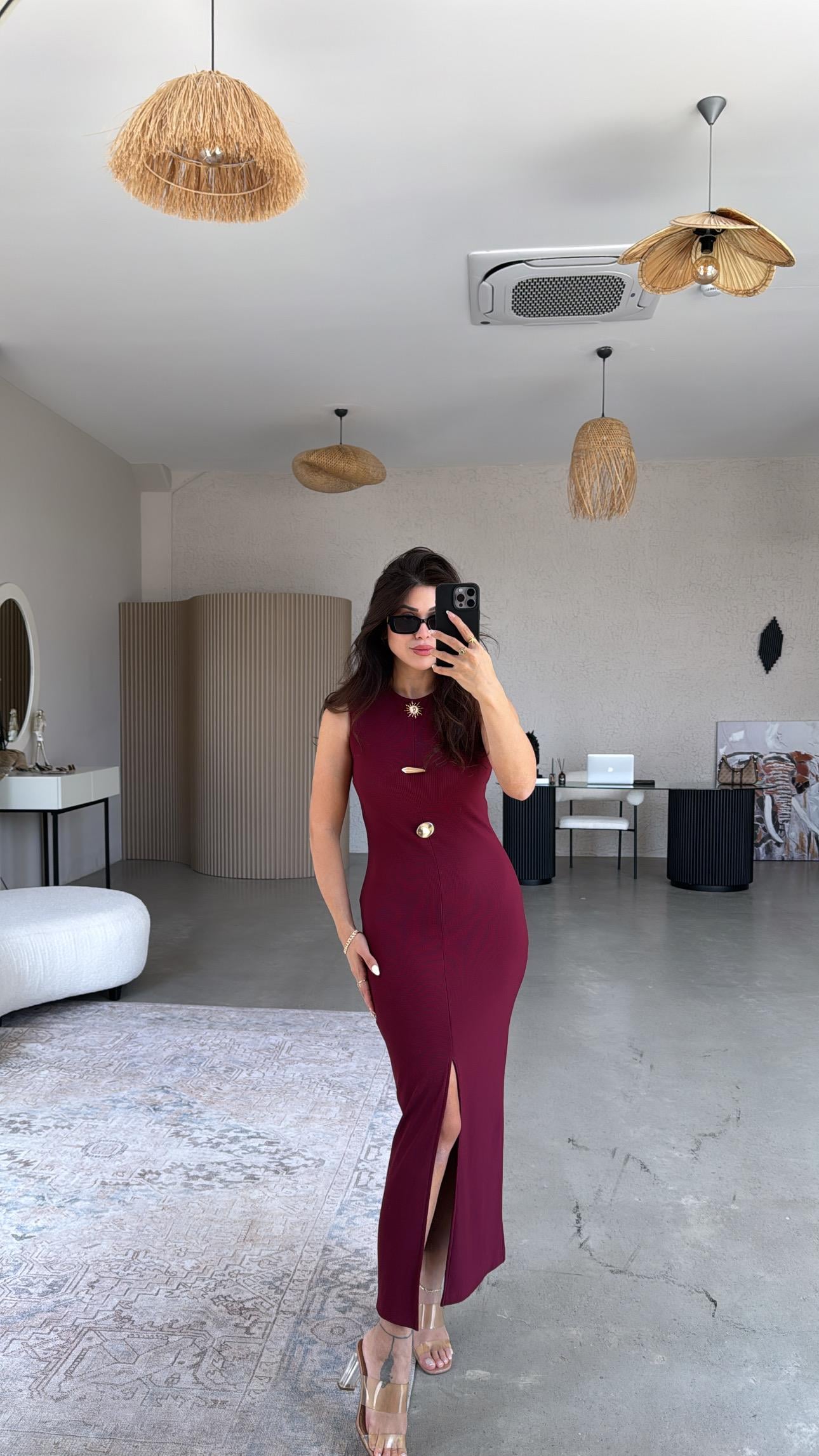 Bordo Üç Broş Detaylı Ottoman Elbise