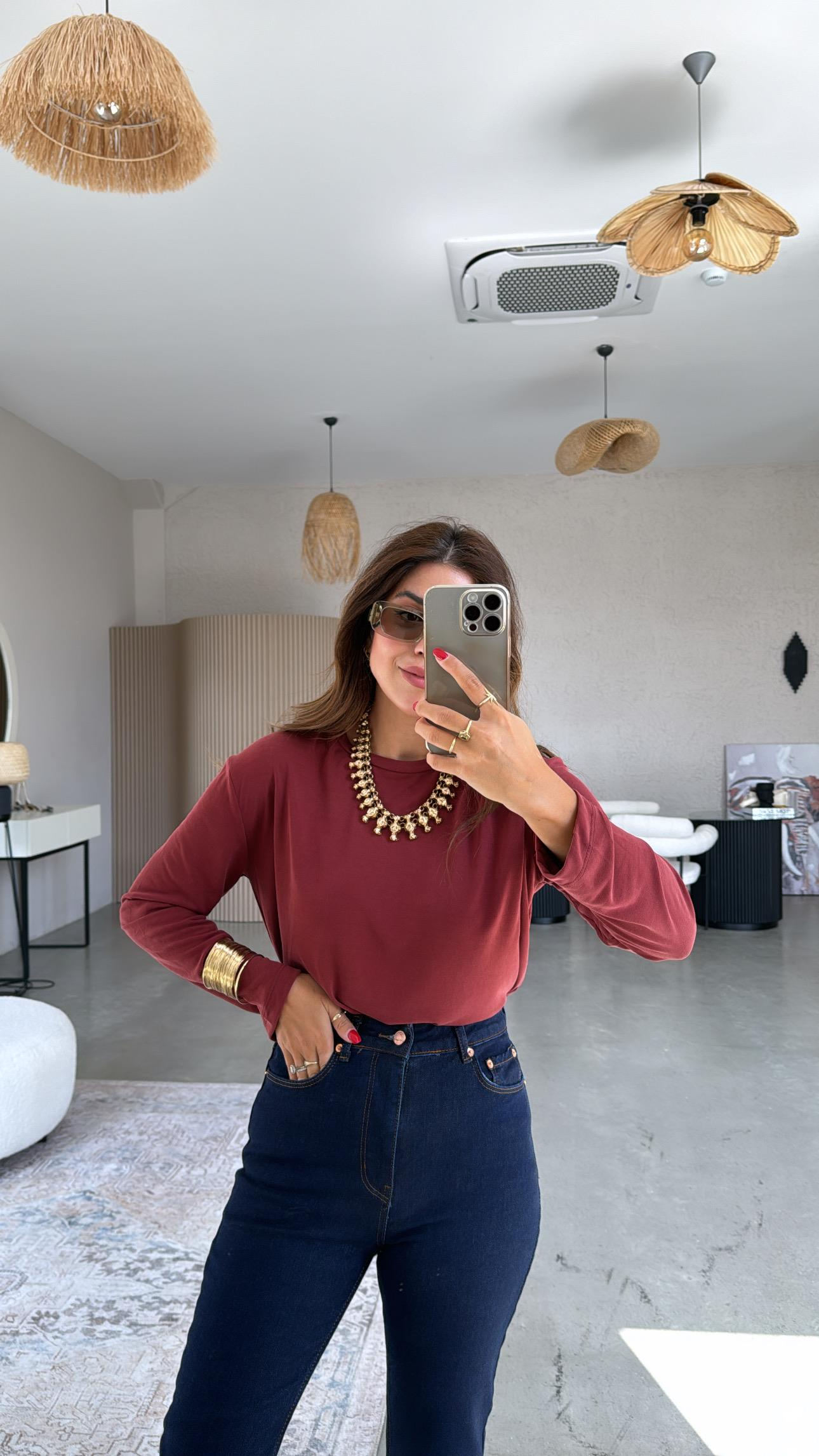 Bordo Uzun Kol Oys Basic Bluz