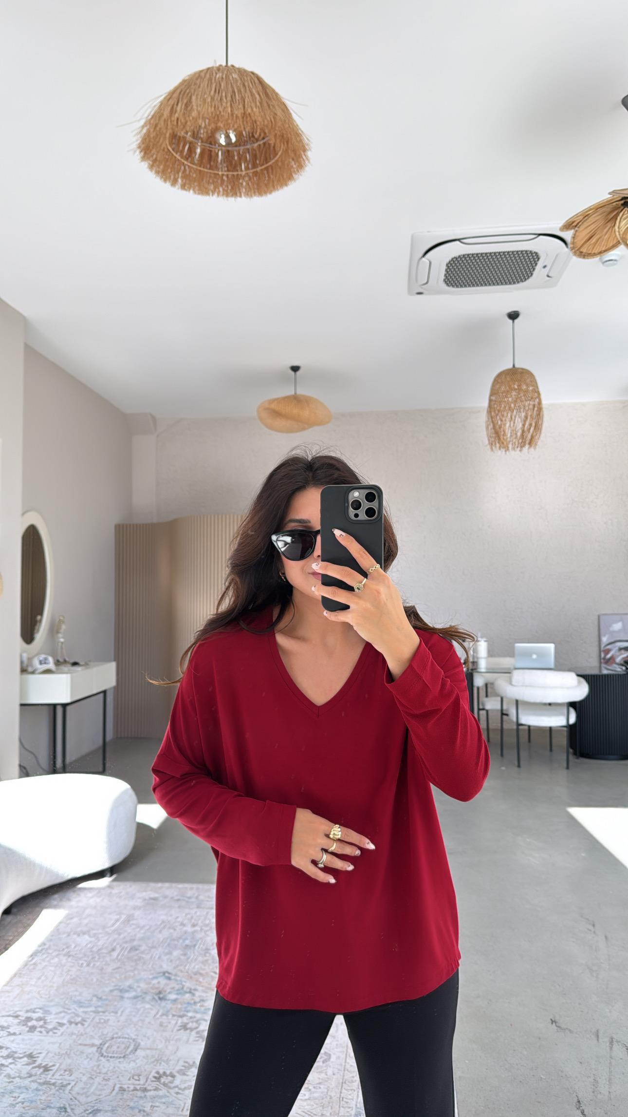 Bordo V Yaka Basic İnce Triko Bluz