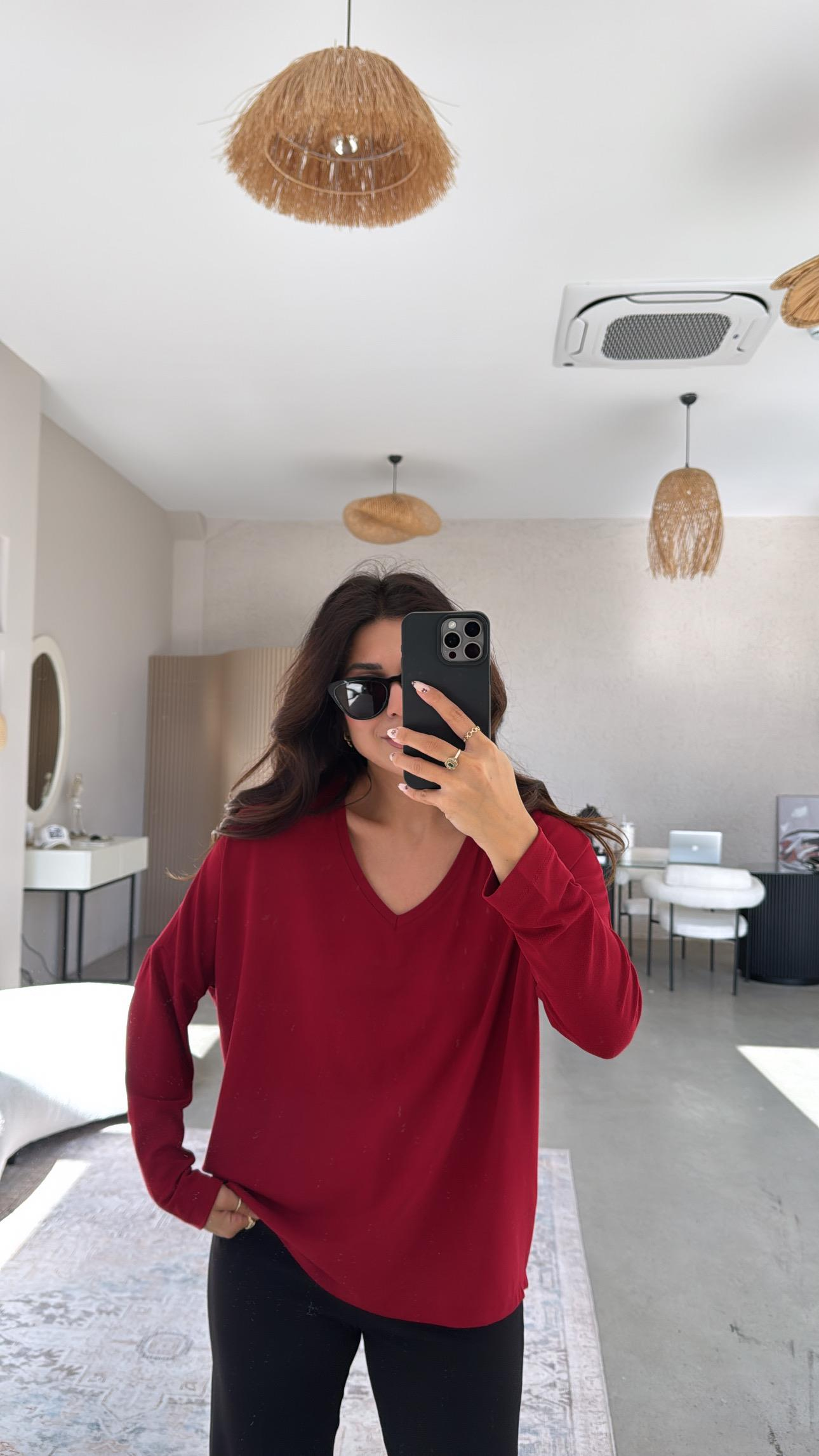 Bordo V Yaka Basic İnce Triko Bluz