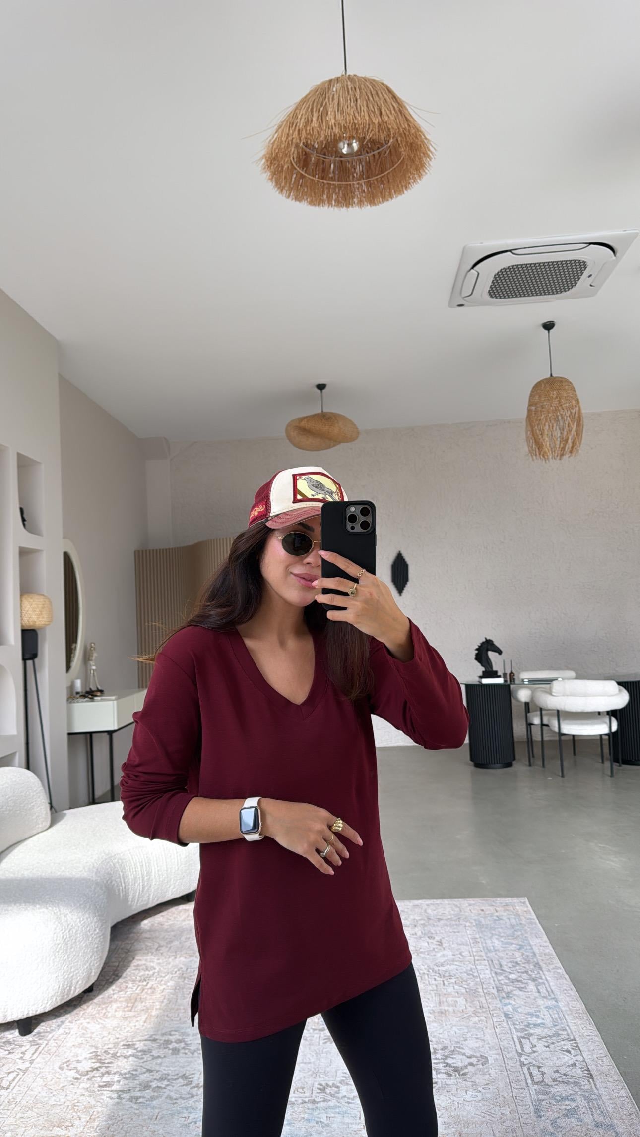 Bordo V Yaka Uzun Kol Pamuk Basic