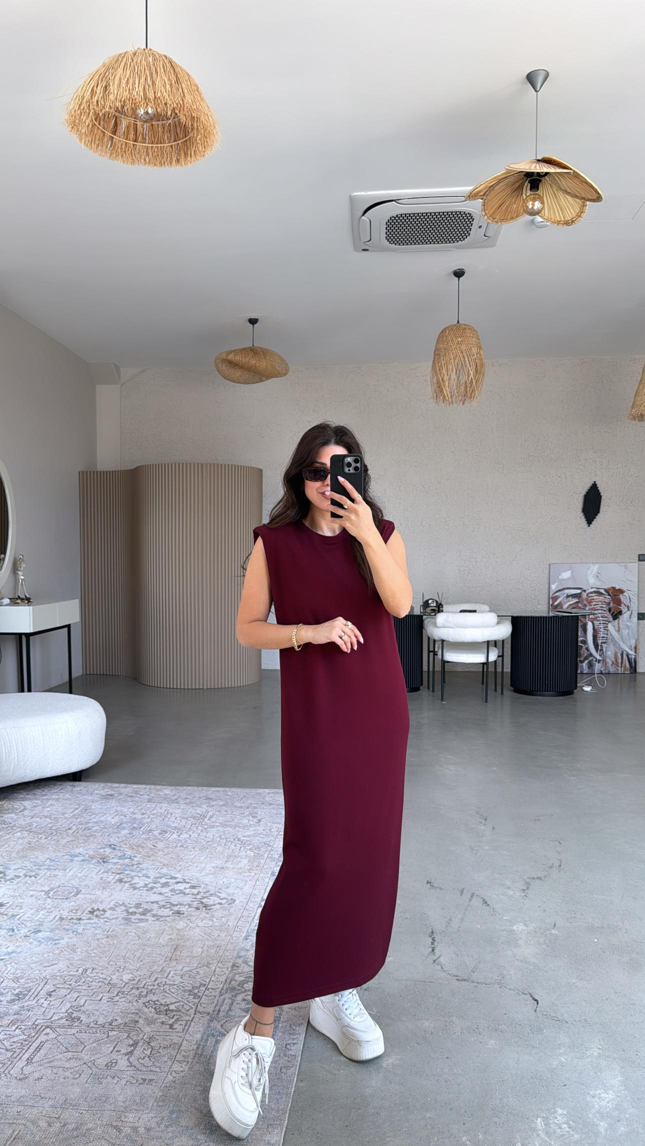 Bordo Vatkalı Modal Elbise